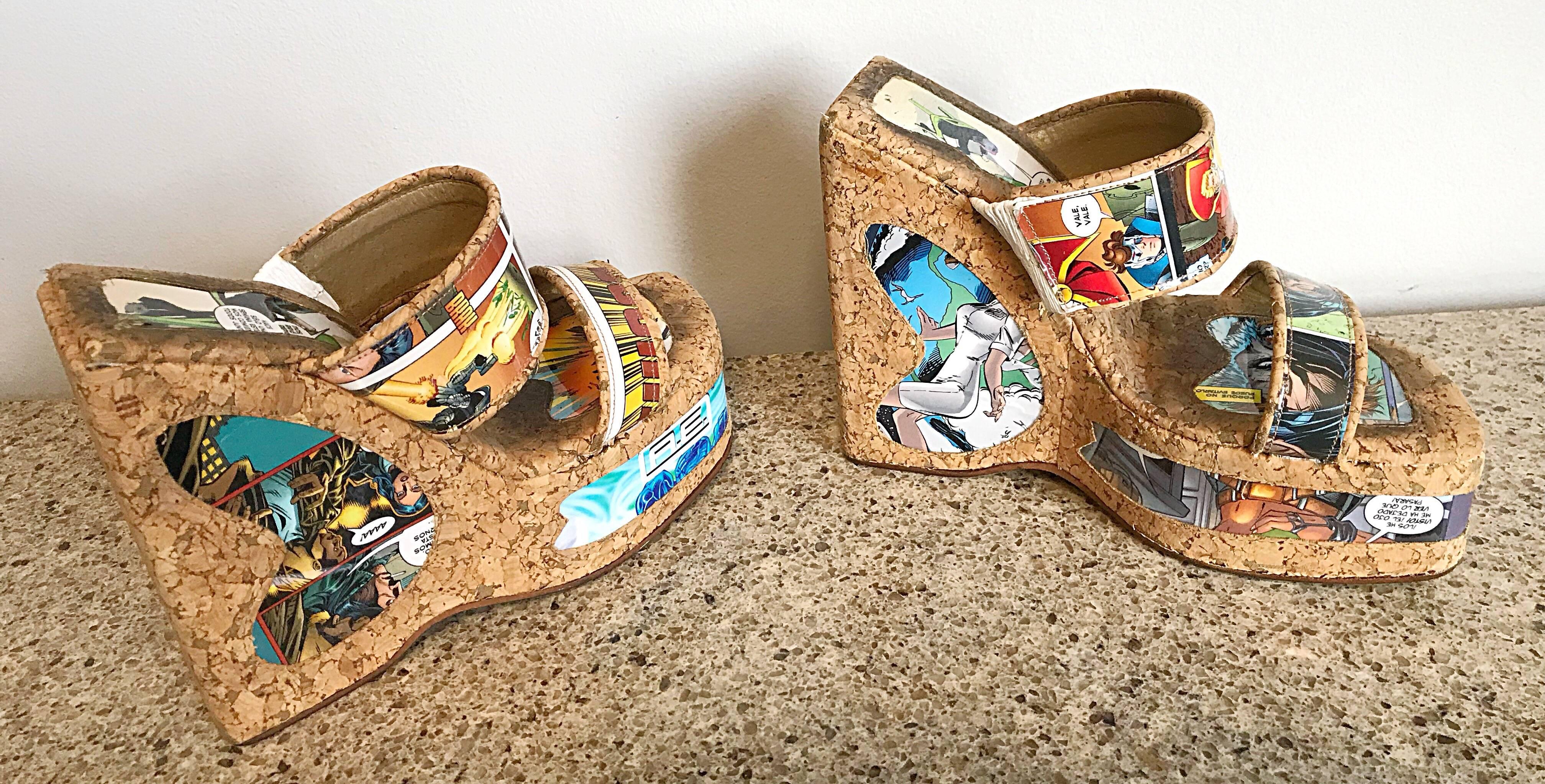 Rare and nothing short of amazing 90s comic book strip novelty cork wedges! Features two straps over the foot, and a block wedge heel. Incredible conversation piece that I've been told are extremely comfortable. Great with jeans, shorts, a skirt or
