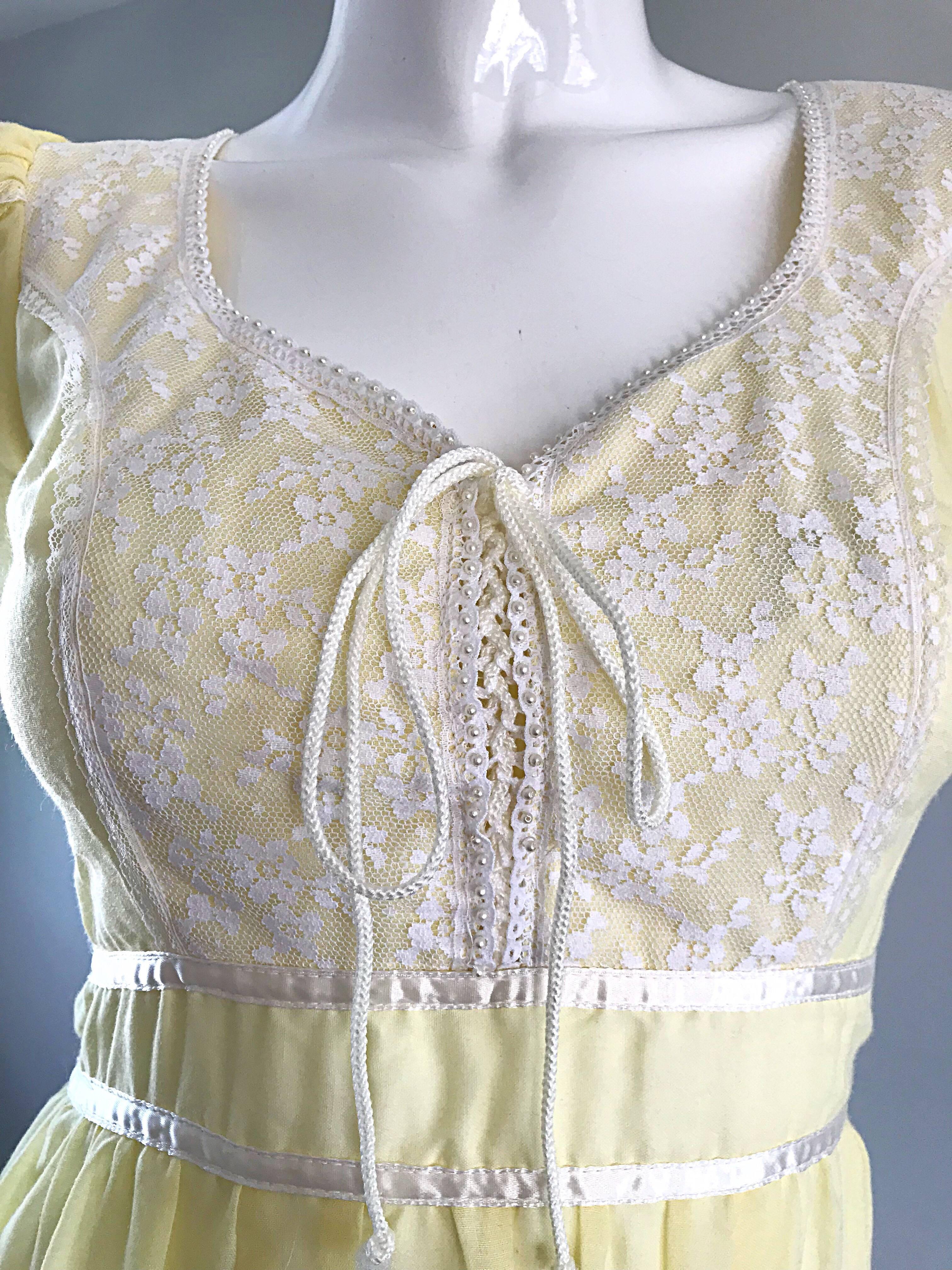 Beige 1970s Pale Yellow White Cotton Voile Pearl Encrusted Vintage 70s Boho Maxi Dress