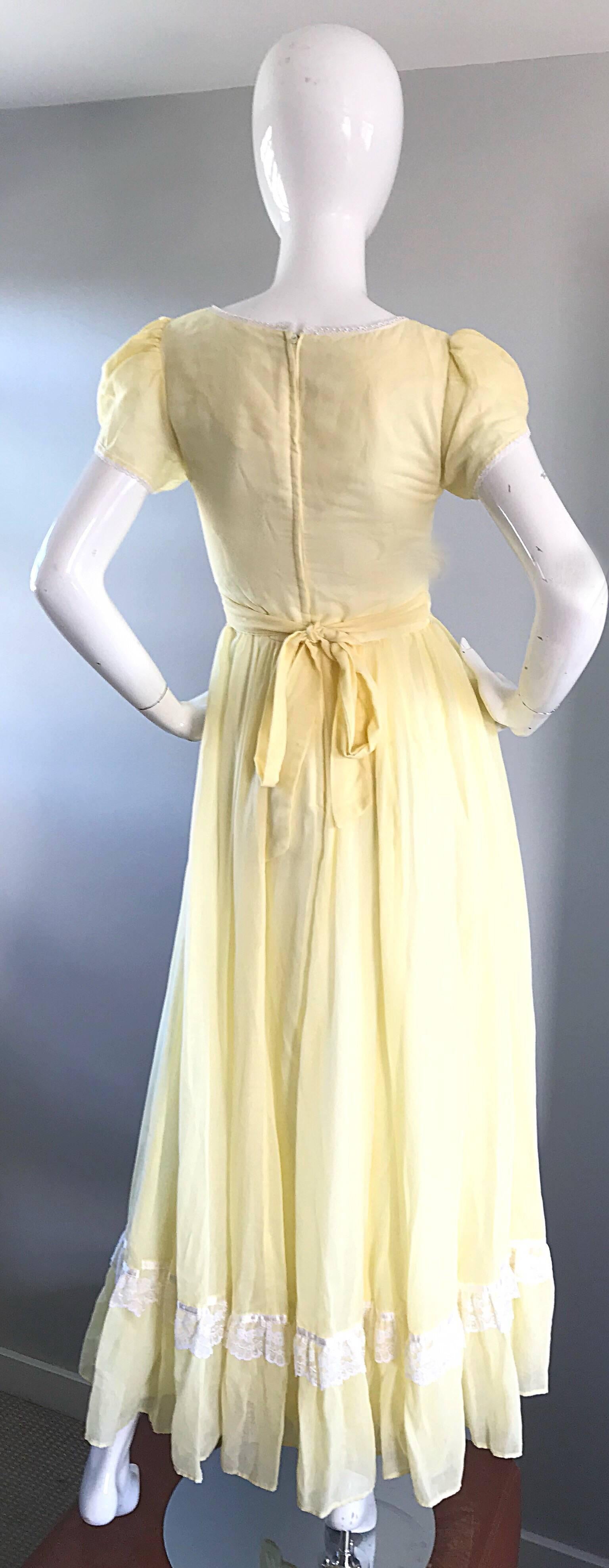 1970s Pale Yellow White Cotton Voile Pearl Encrusted Vintage 70s Boho Maxi Dress In Excellent Condition In San Diego, CA