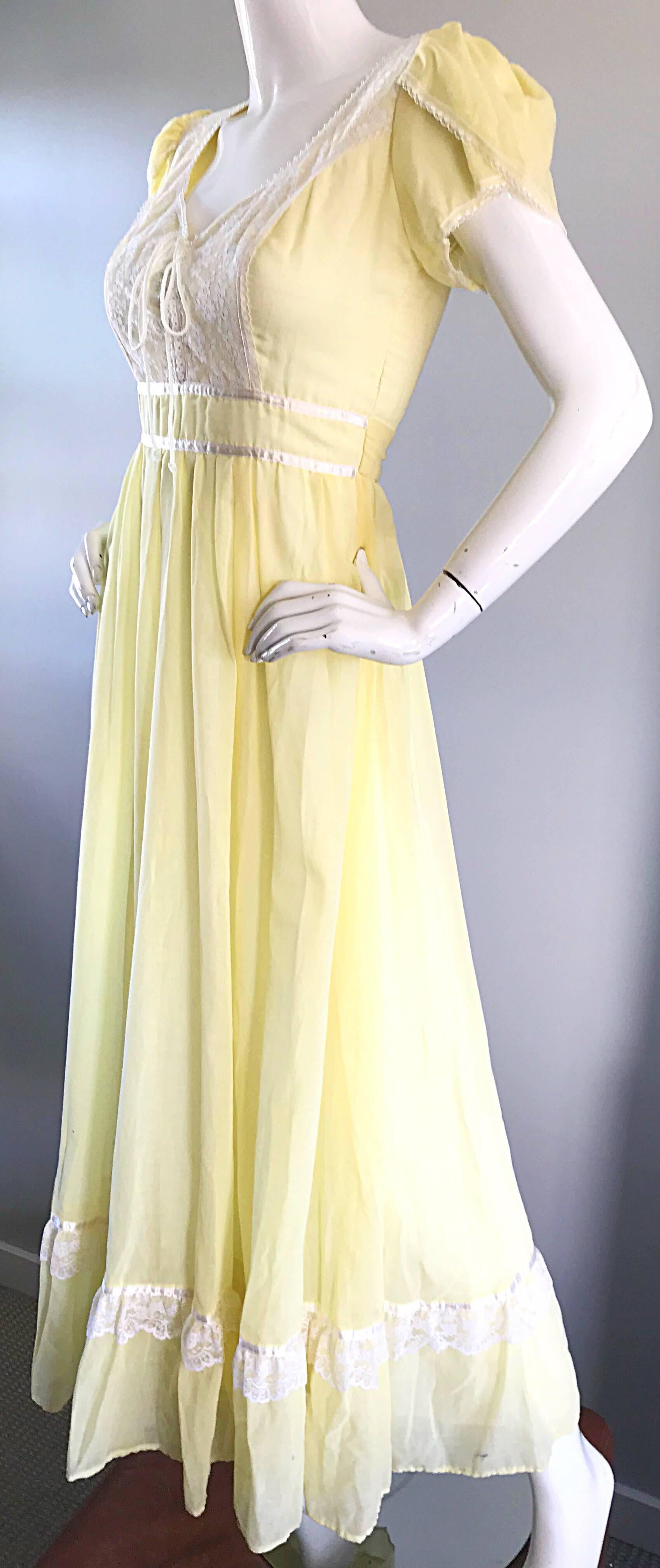 Women's 1970s Pale Yellow White Cotton Voile Pearl Encrusted Vintage 70s Boho Maxi Dress