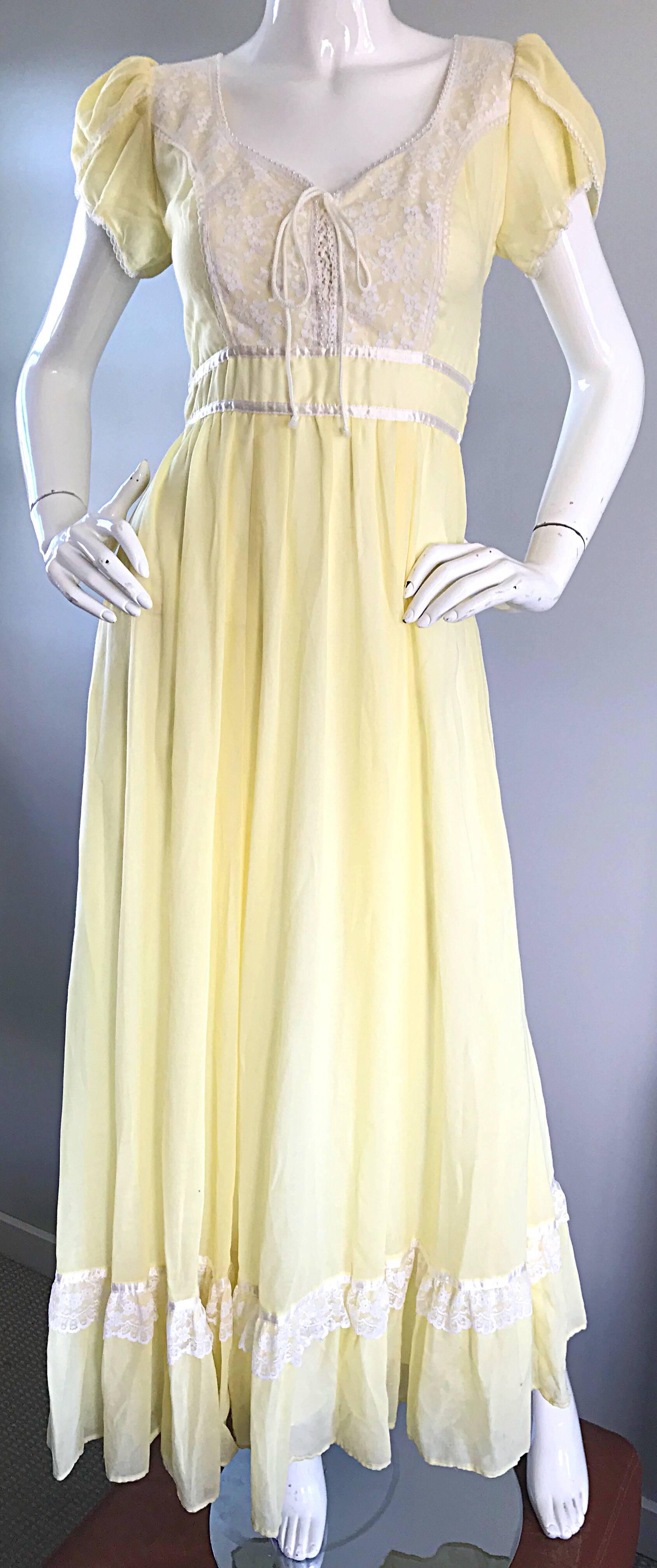 1970s Pale Yellow White Cotton Voile Pearl Encrusted Vintage 70s Boho Maxi Dress 1