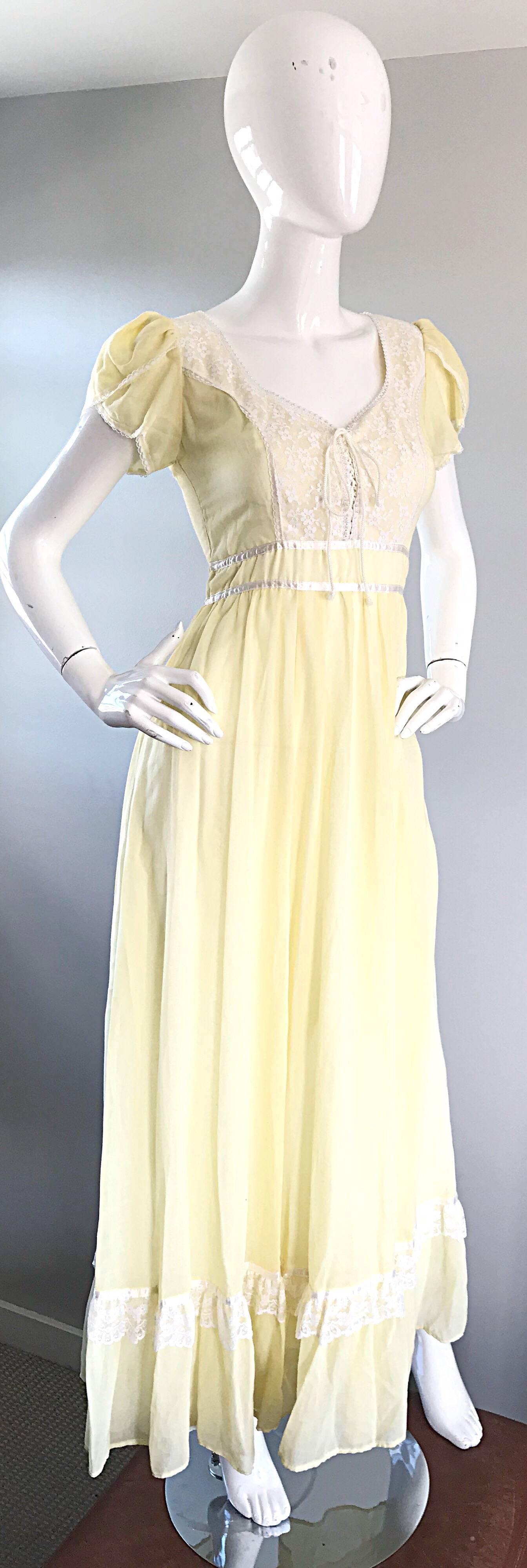 1970s Pale Yellow White Cotton Voile Pearl Encrusted Vintage 70s Boho Maxi Dress 2