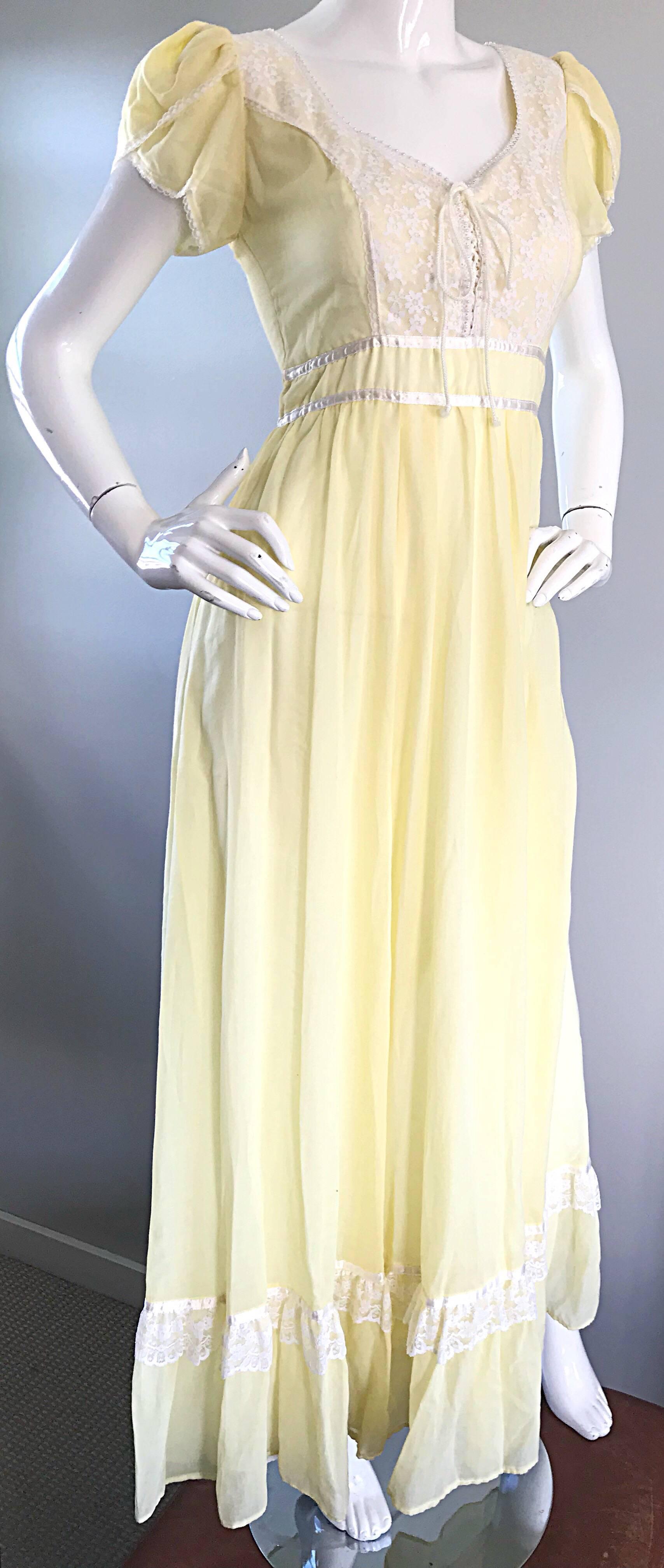 1970s Pale Yellow White Cotton Voile Pearl Encrusted Vintage 70s Boho Maxi Dress 3