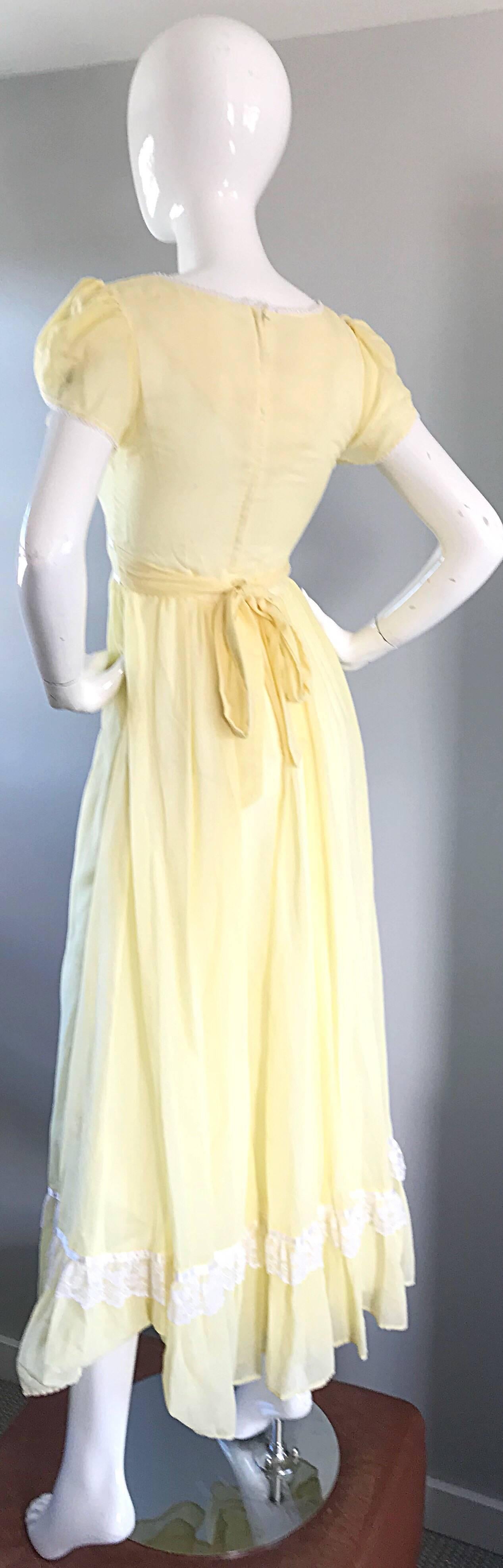 1970s Pale Yellow White Cotton Voile Pearl Encrusted Vintage 70s Boho Maxi Dress 4