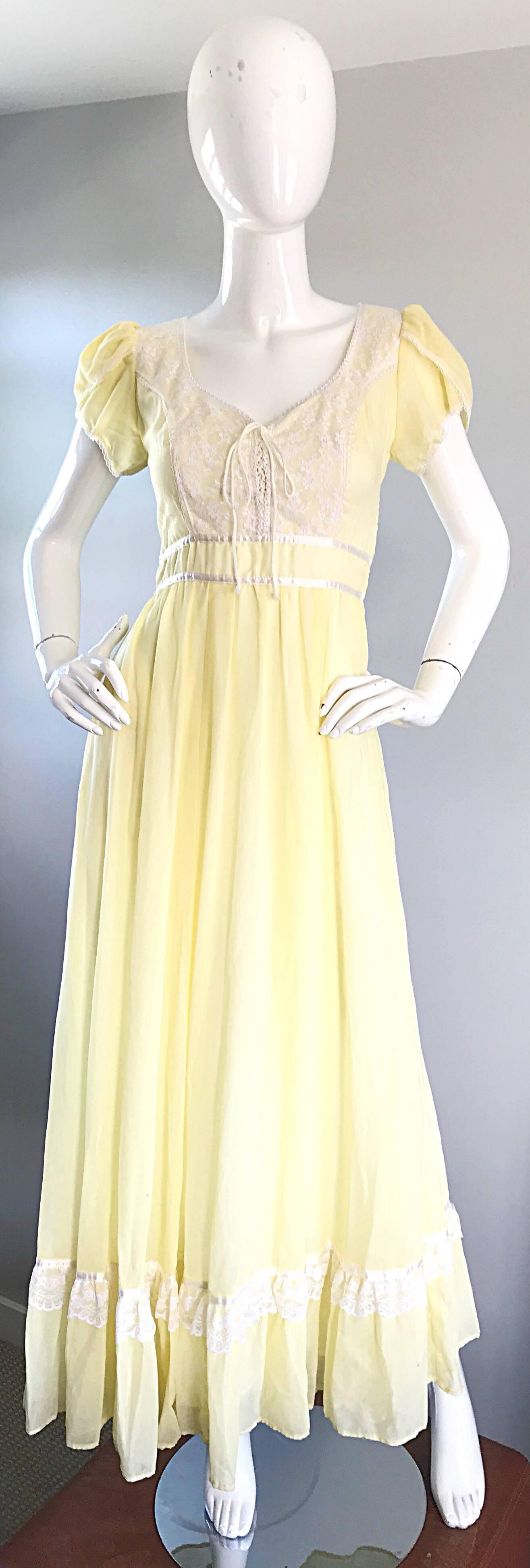 1970s Pale Yellow White Cotton Voile Pearl Encrusted Vintage 70s Boho Maxi Dress 5