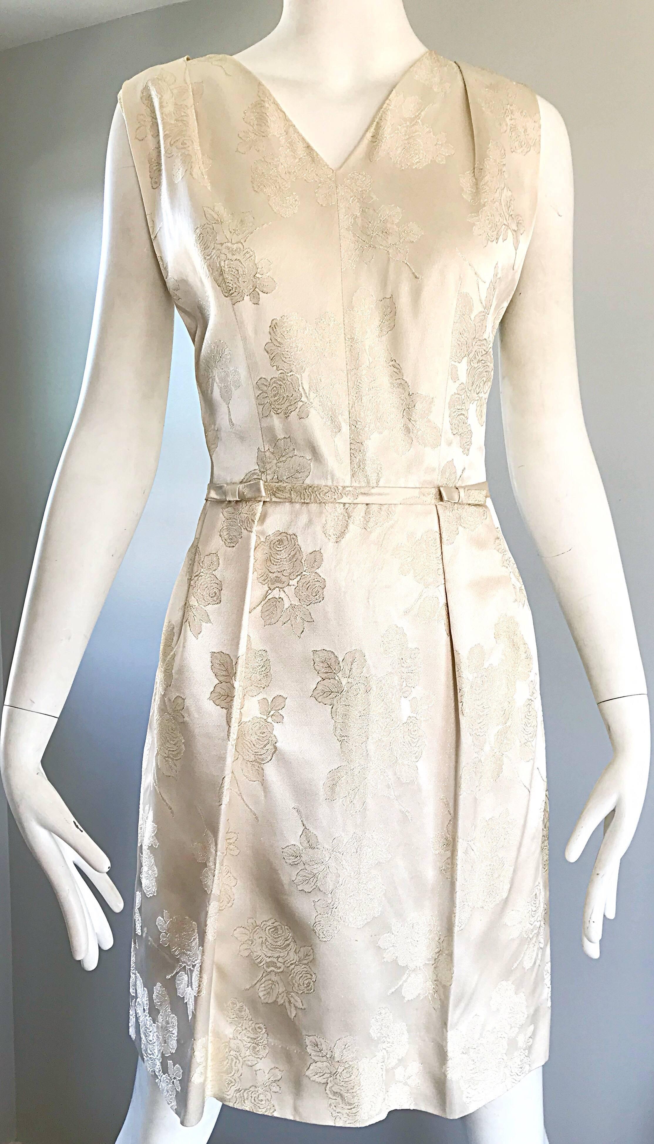 Women's 1960s R & K Originals Ivory Off White Silk Jacquard Sleeveless Cocktail Dress 60 For Sale