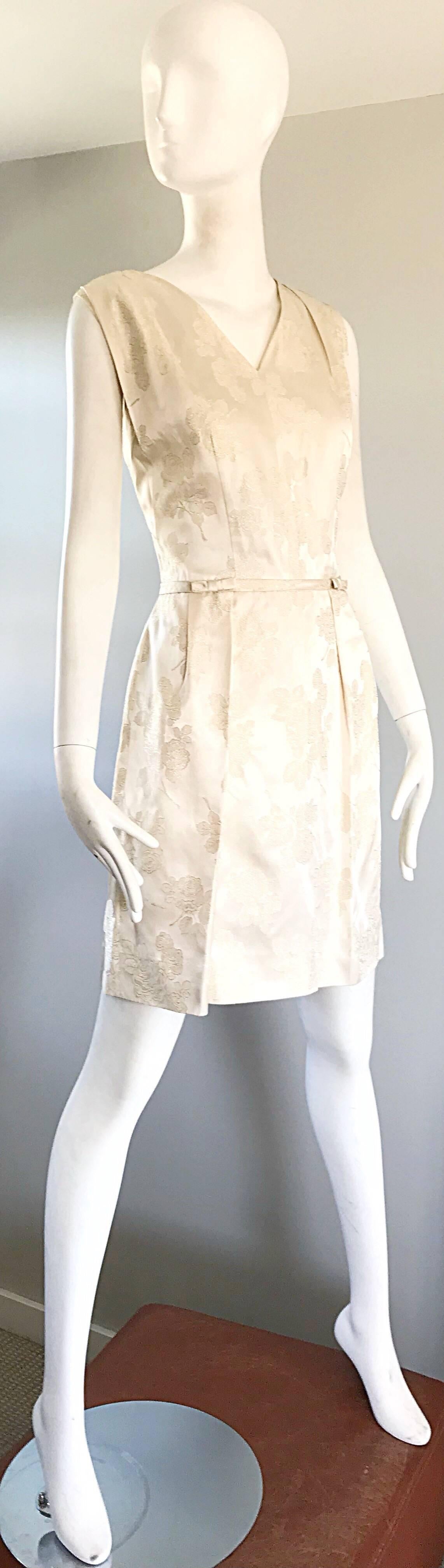 1960s R & K Originals Ivory Off White Silk Jacquard Sleeveless Cocktail Dress 60 For Sale 1