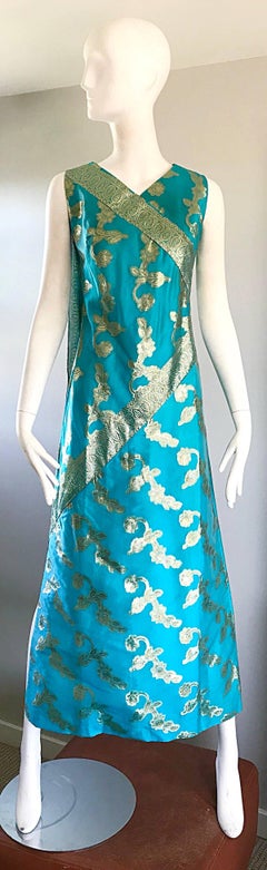 1960s Waltah Clarke's Turquoise Blue and Gold Vintage 60s Silk Maxi Dress