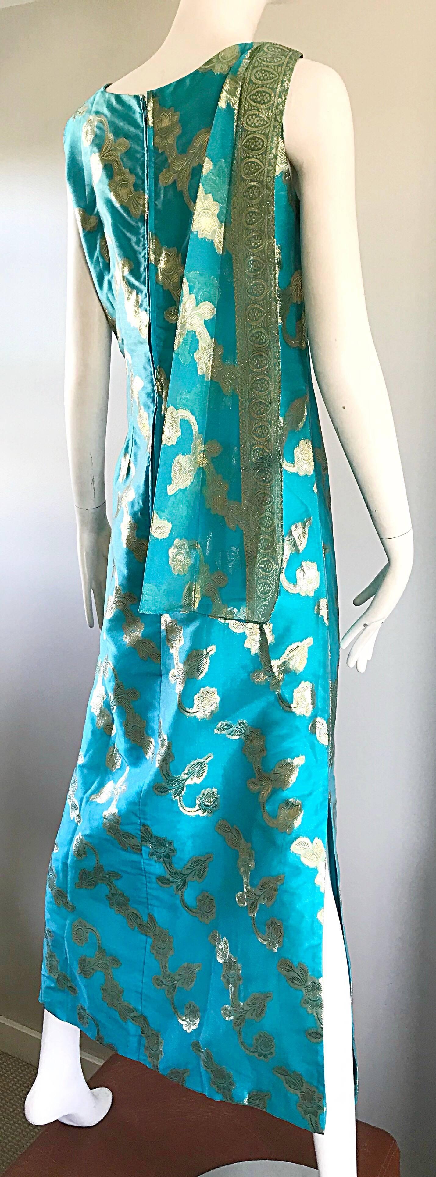 Women's 1960s Waltah Clarke's Turquoise Blue and Gold Vintage 60s Silk Maxi Dress For Sale