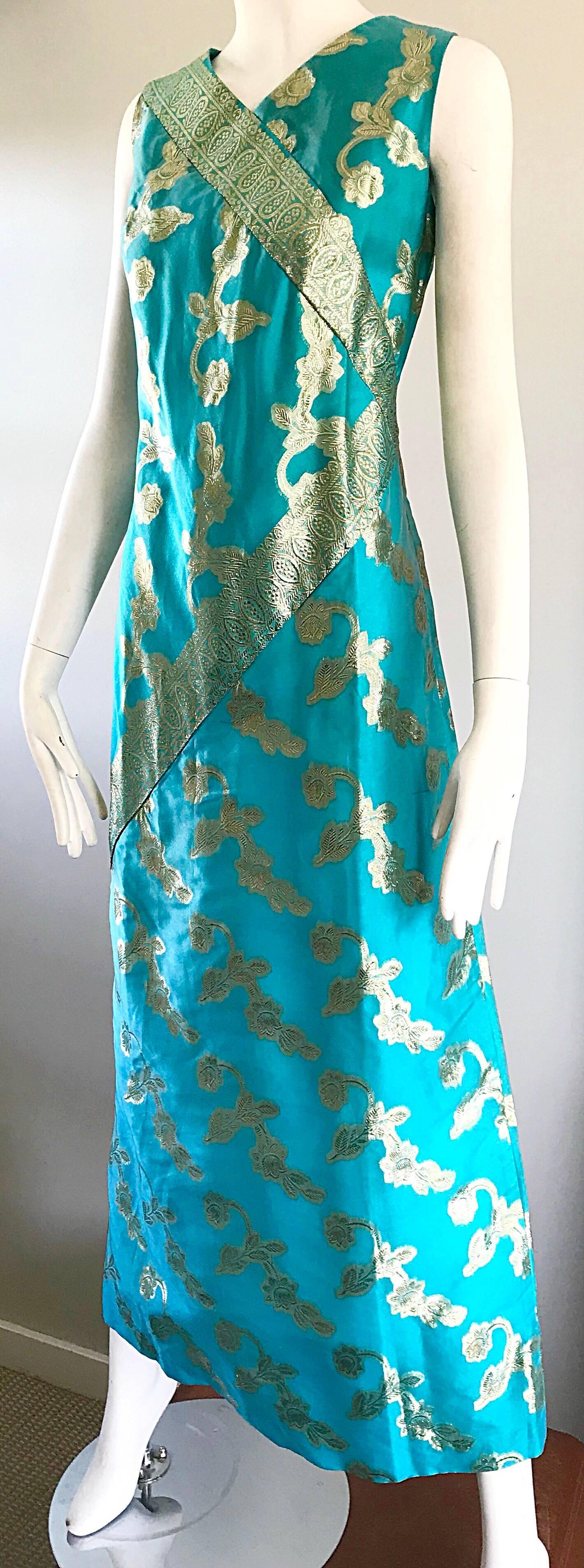 1960s Waltah Clarke's Turquoise Blue and Gold Vintage 60s Silk Maxi Dress For Sale 1