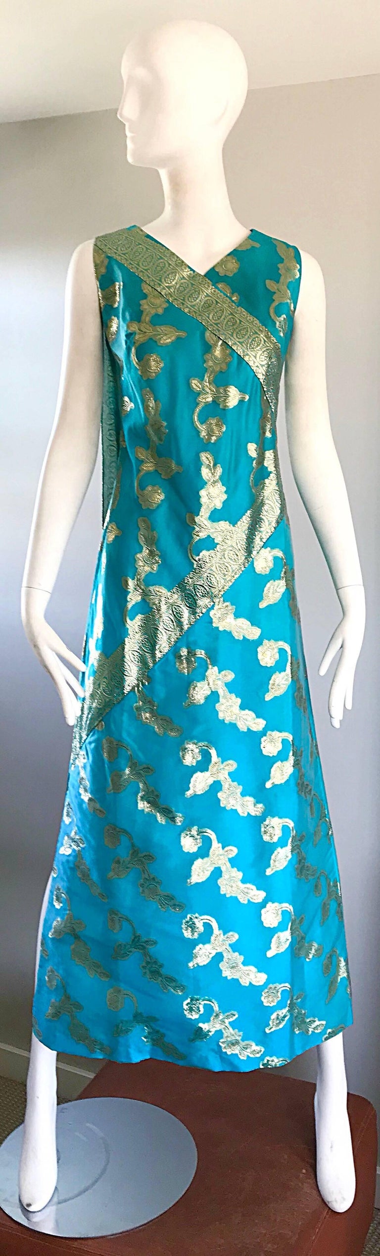 1960s Waltah Clarke's Turquoise Blue And Gold Vintage 60s Silk Maxi Dress