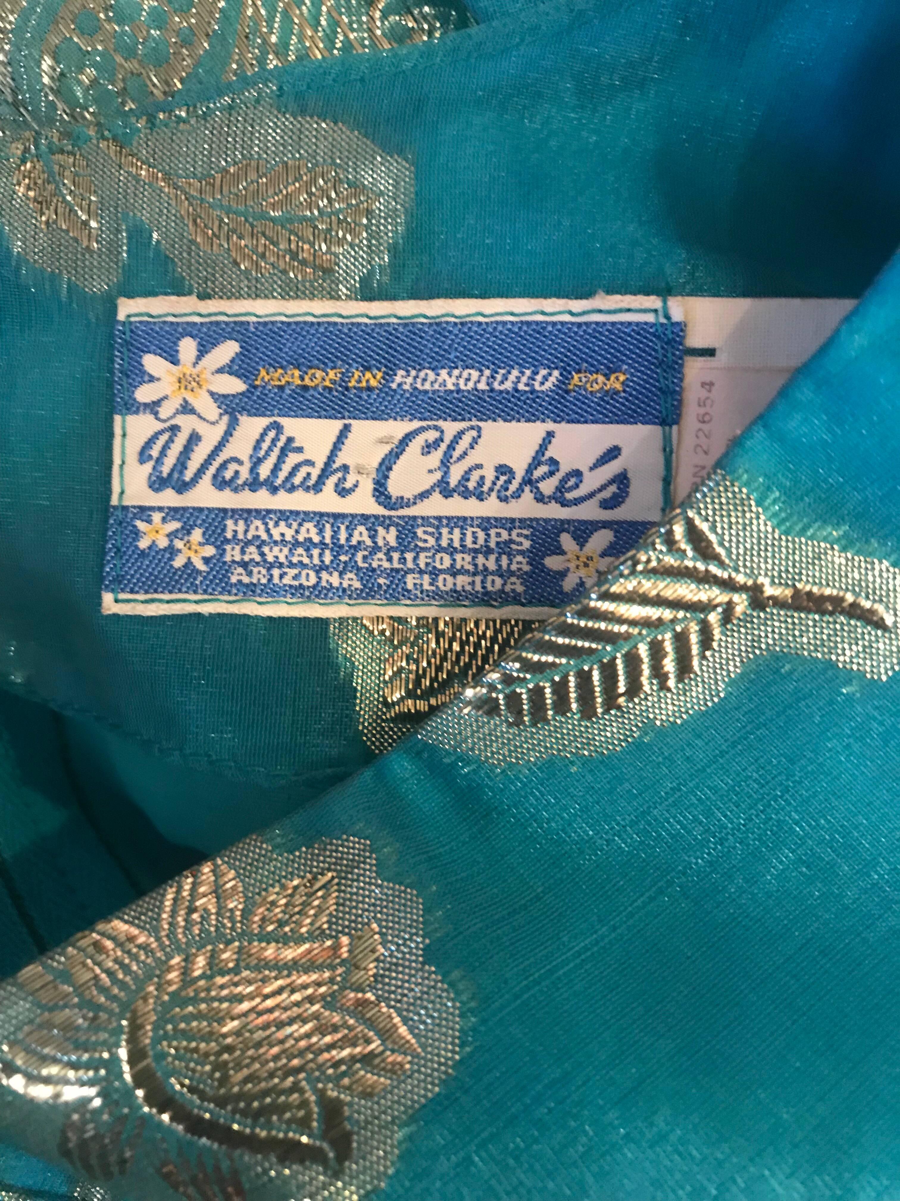 1960s Waltah Clarke's Turquoise Blue and Gold Vintage 60s Silk Maxi Dress For Sale 3