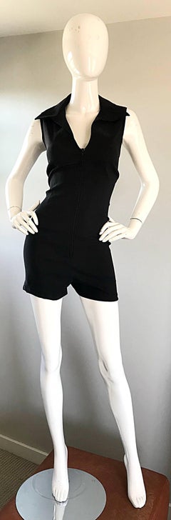 1990s Does 1970s Black Crepe Sleeveless One Piece 90s Vintage Romper Jumpsuit