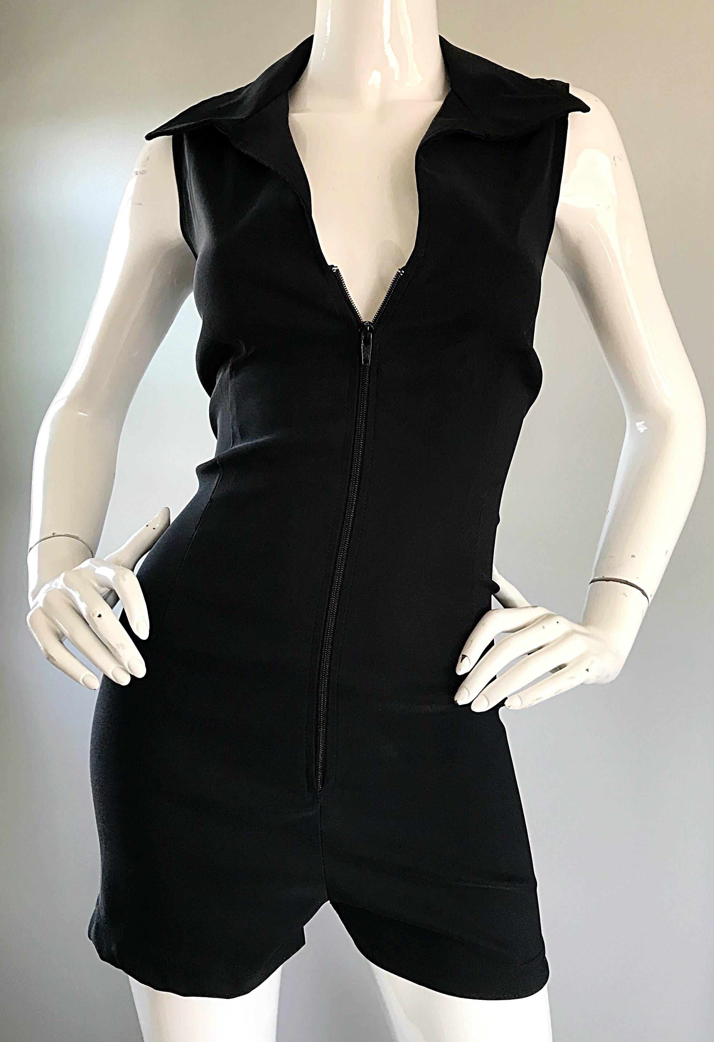 1990s Does 1970s Black Crepe Sleeveless One Piece 90s Vintage Romper Jumpsuit For Sale 1