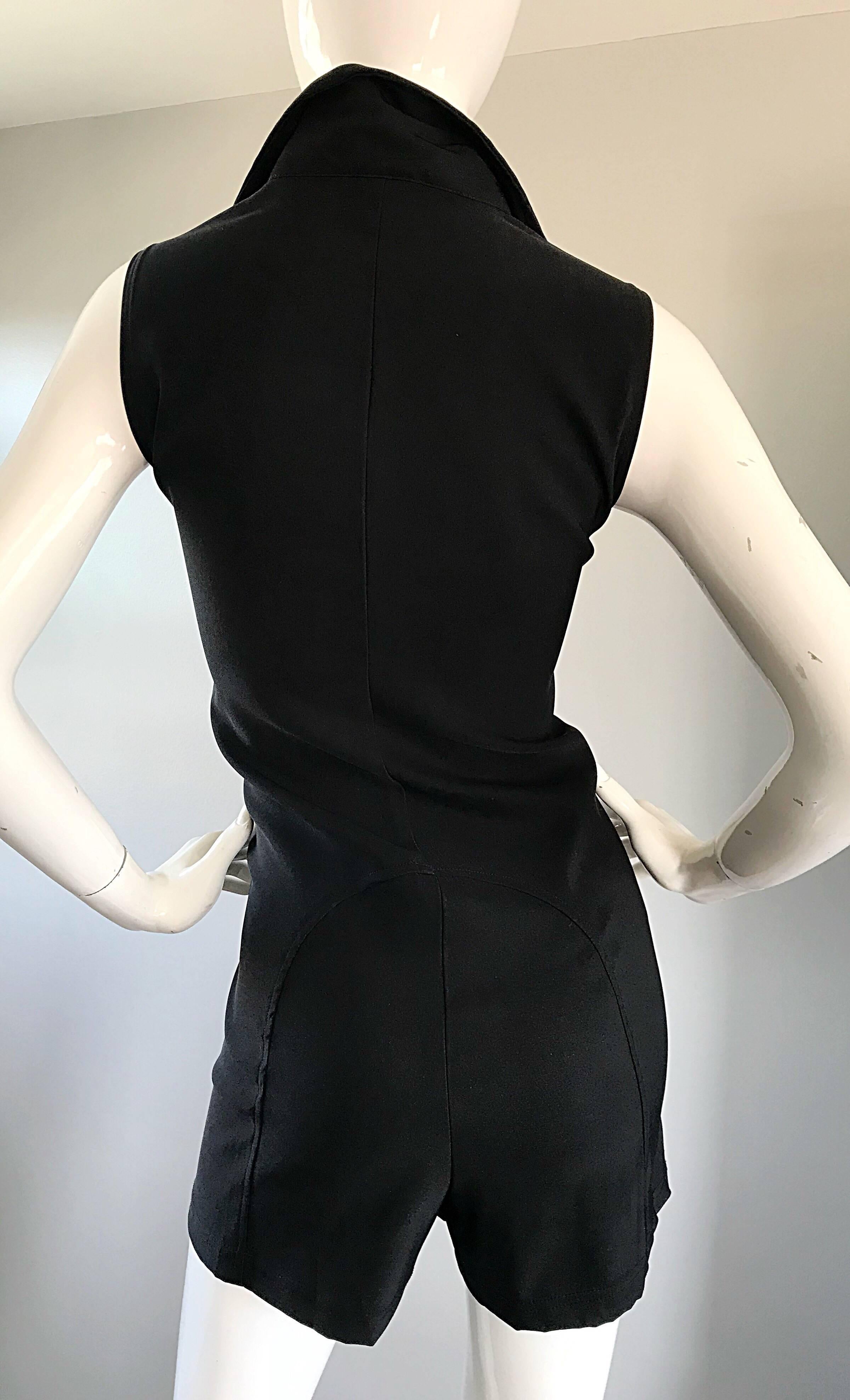 1990s Does 1970s Black Crepe Sleeveless One Piece 90s Vintage Romper Jumpsuit For Sale 2