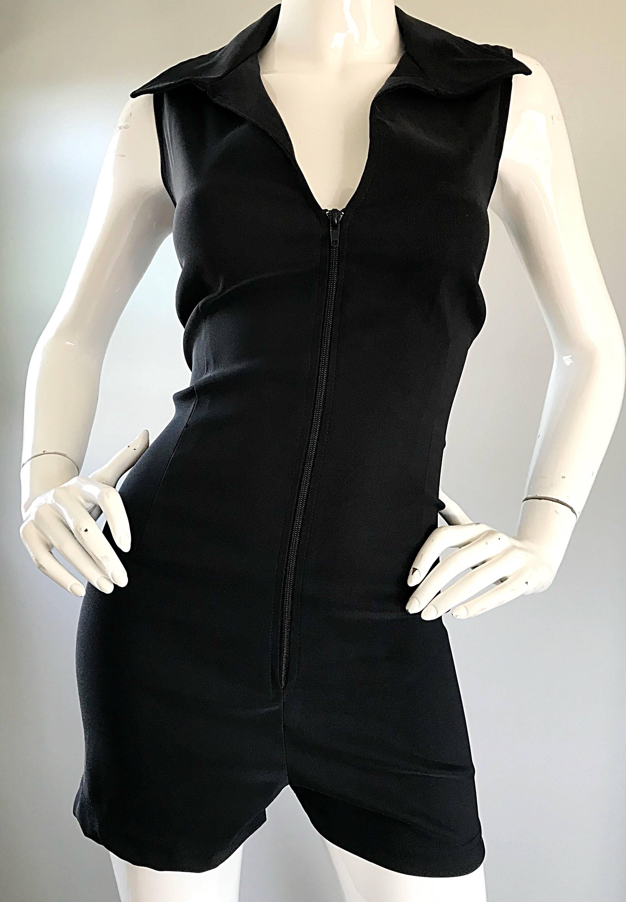 1990s Does 1970s Black Crepe Sleeveless One Piece 90s Vintage Romper Jumpsuit For Sale 3