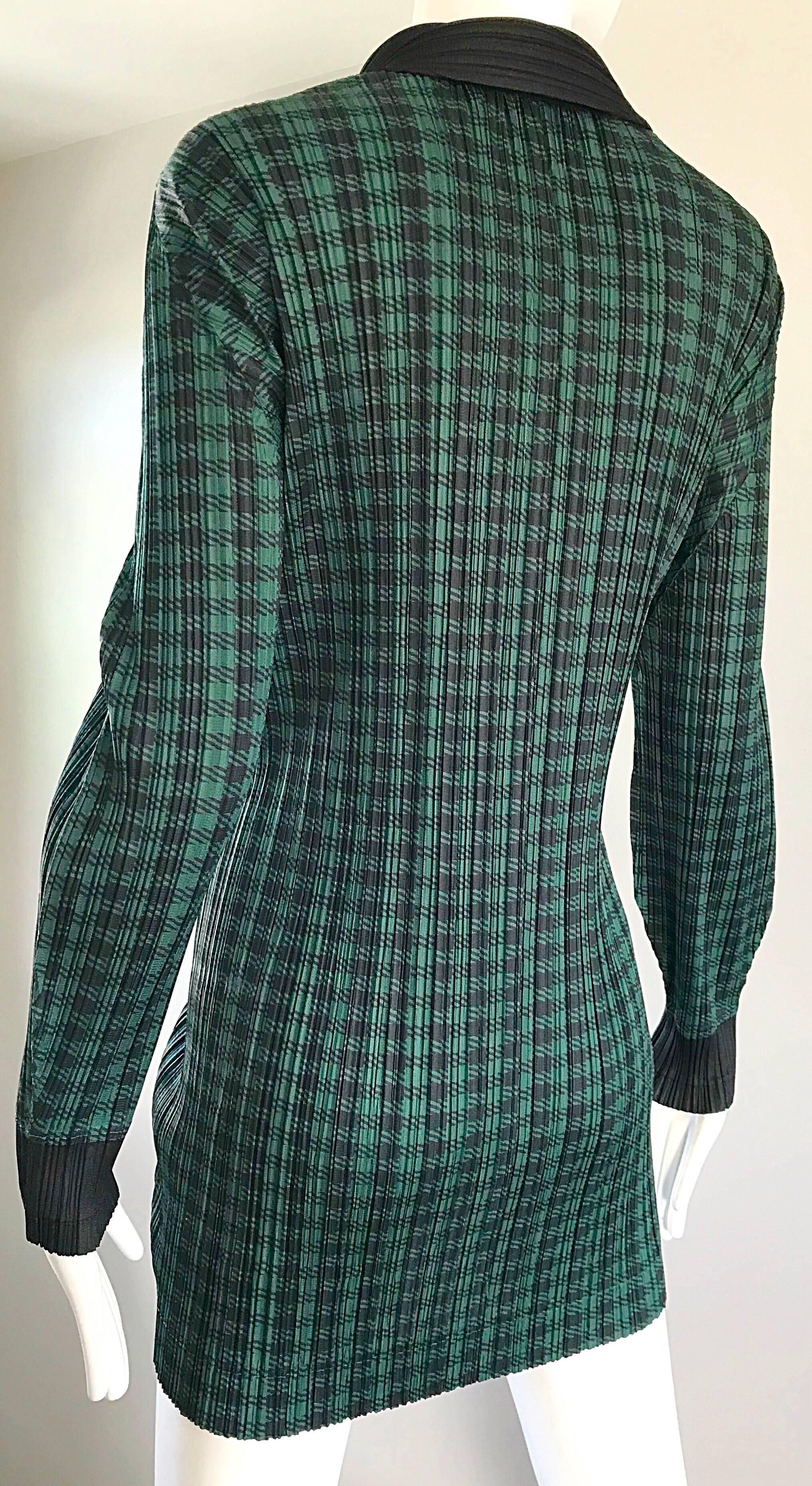 Vintage Issey Miyake Pleats Please 90s Green Black Checkered Jacket Mini Dress In Excellent Condition In San Diego, CA