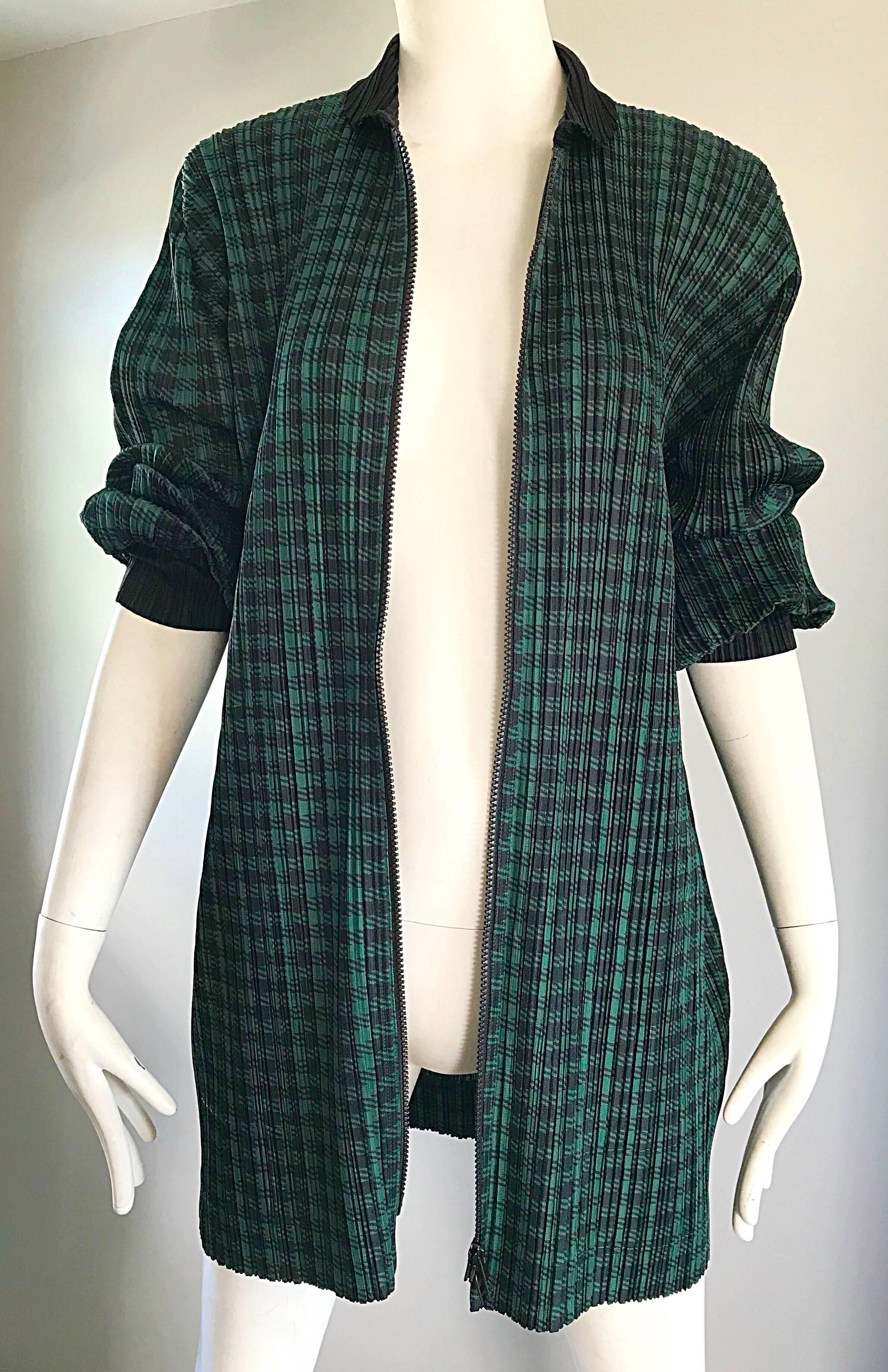 Women's Vintage Issey Miyake Pleats Please 90s Green Black Checkered Jacket Mini Dress