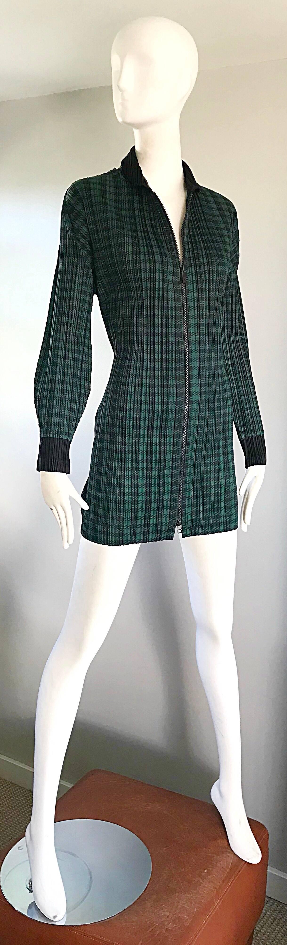 Vintage Issey Miyake Pleats Please 90s Green Black Checkered Jacket Mini Dress 1