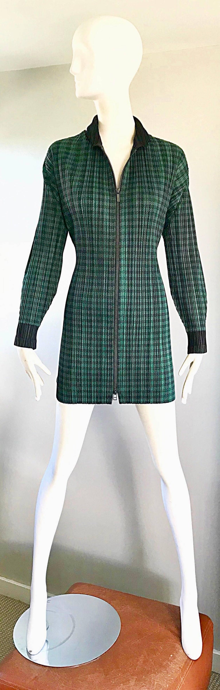 Vintage Issey Miyake Pleats Please 90s Green Black Checkered Jacket Mini Dress For Sale At 1stdibs