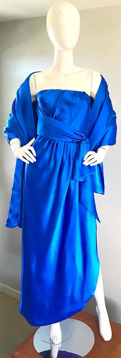 1970s Frank Usher 70s Vintage Royal Blue Satin Strapless Gown and Shawl