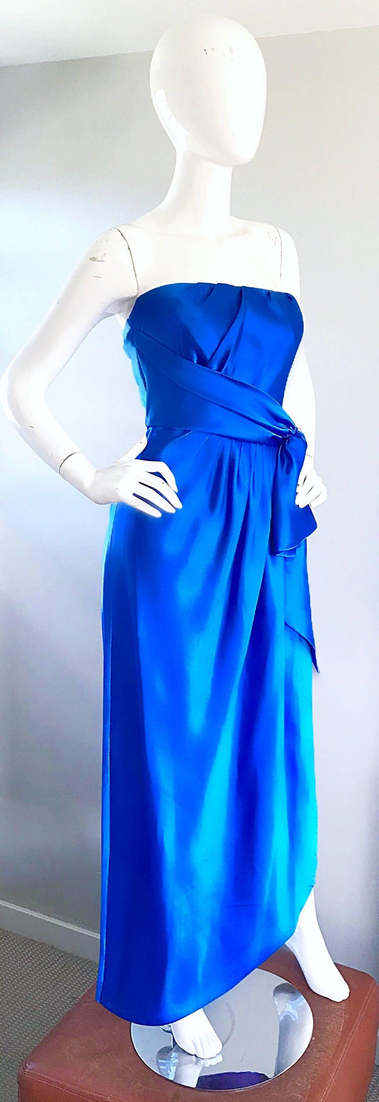 1970s Frank Usher 70s Vintage Royal Blue Satin Strapless Gown and Shawl  For Sale 1