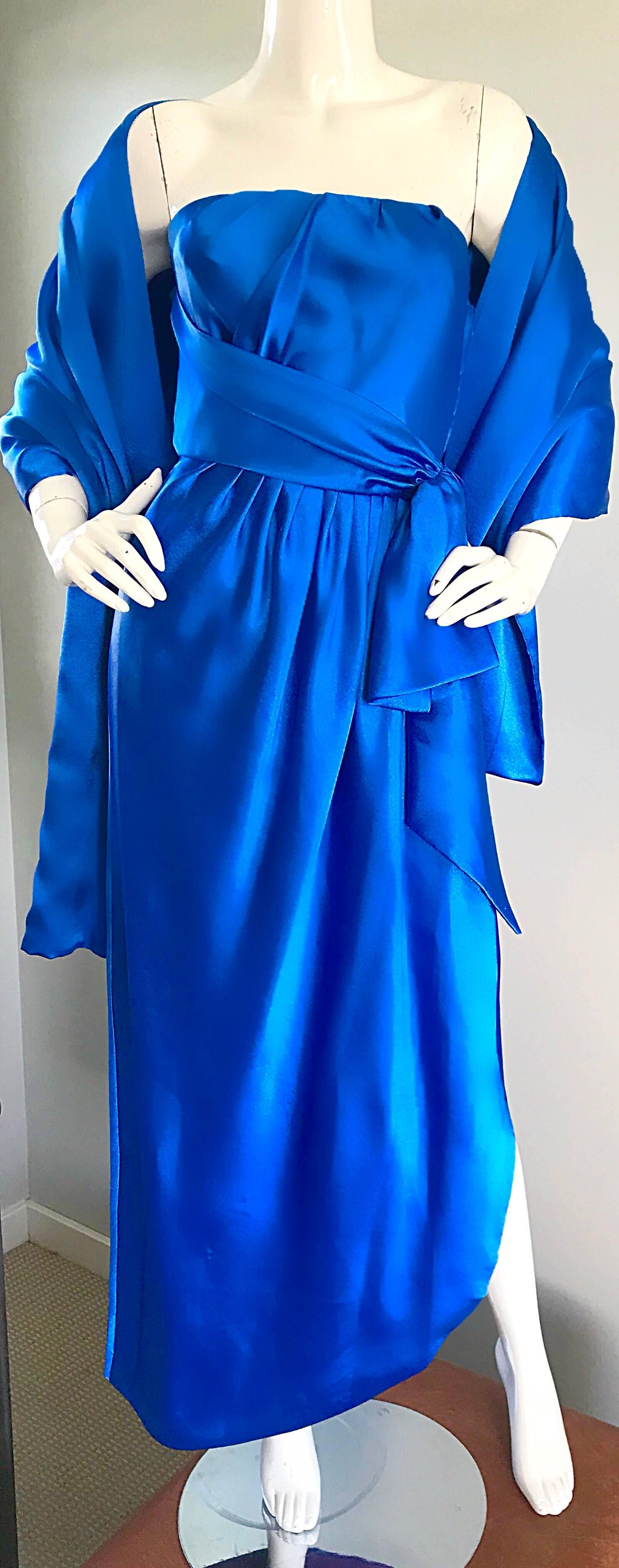 Women's 1970s Frank Usher 70s Vintage Royal Blue Satin Strapless Gown and Shawl  For Sale