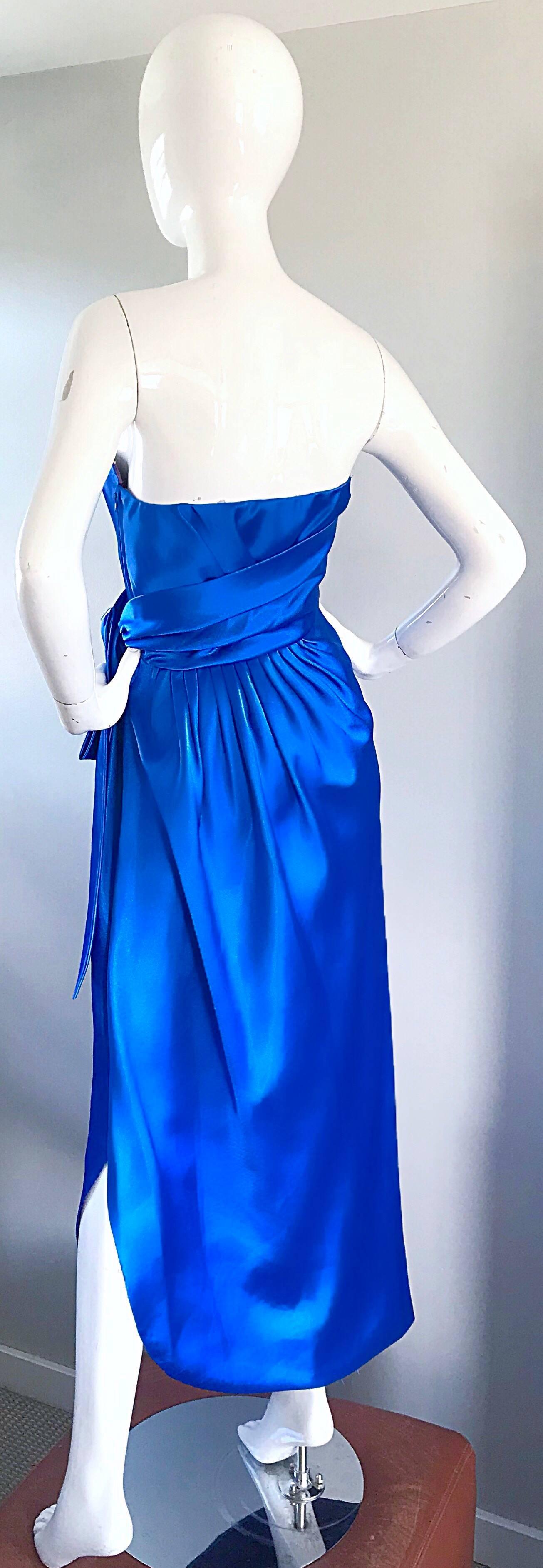 1970s Frank Usher 70s Vintage Royal Blue Satin Strapless Gown and Shawl For Sale 1