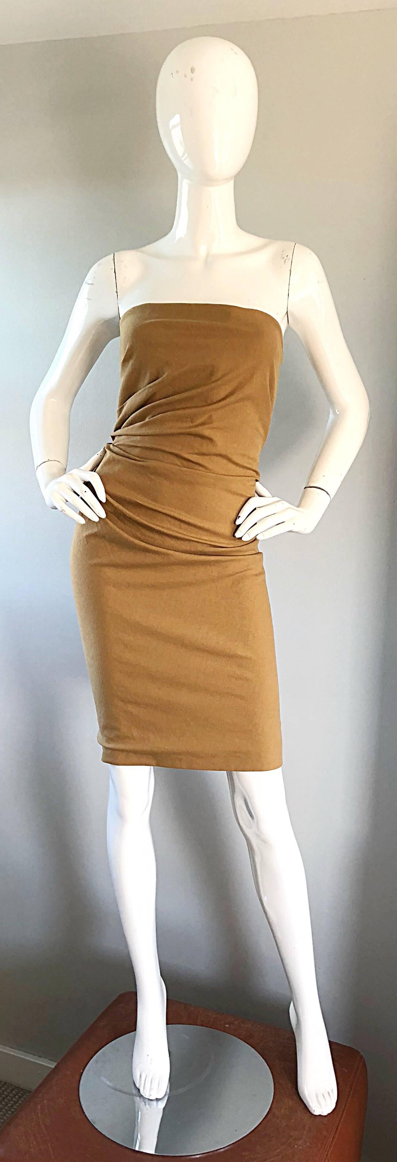 Sexy and iconic late 90s TOM FORD for GUCCI tan camel strapless larger plus size dress! Features interior boning on the bodice to hold everything in place. Elastic cage bag adjusts to fit an array of sizes, and reveals just the right amount of skin.