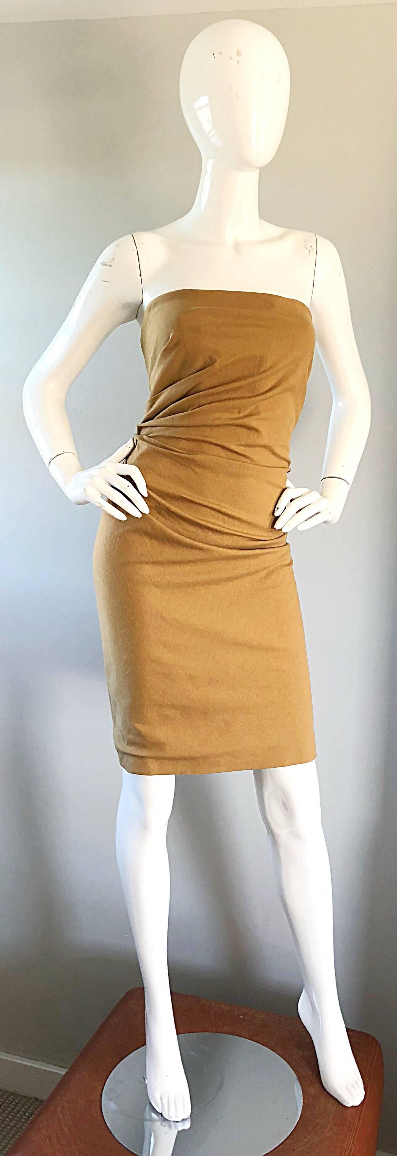 Gucci by Tom Ford Larger Size 48 12 1990s Tan Camel Cage Back 90s Vintage Dress  In Excellent Condition For Sale In San Diego, CA