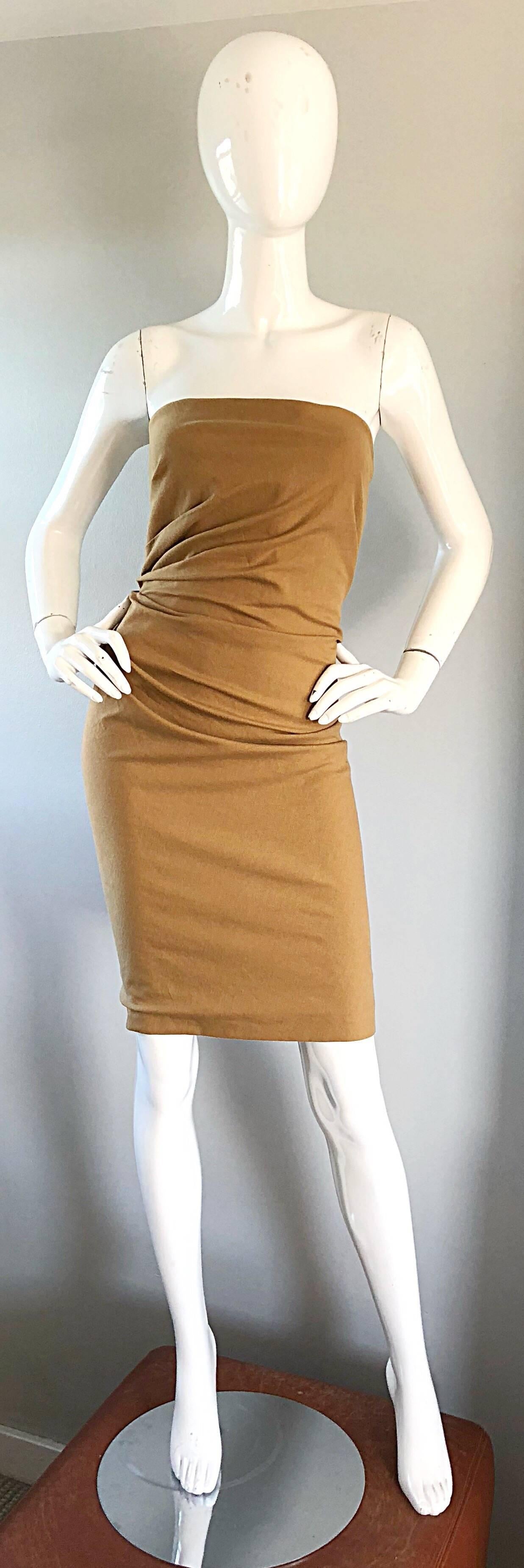 Gucci by Tom Ford Larger Size 48 12 1990s Tan Camel Cage Back 90s Vintage Dress  For Sale 3