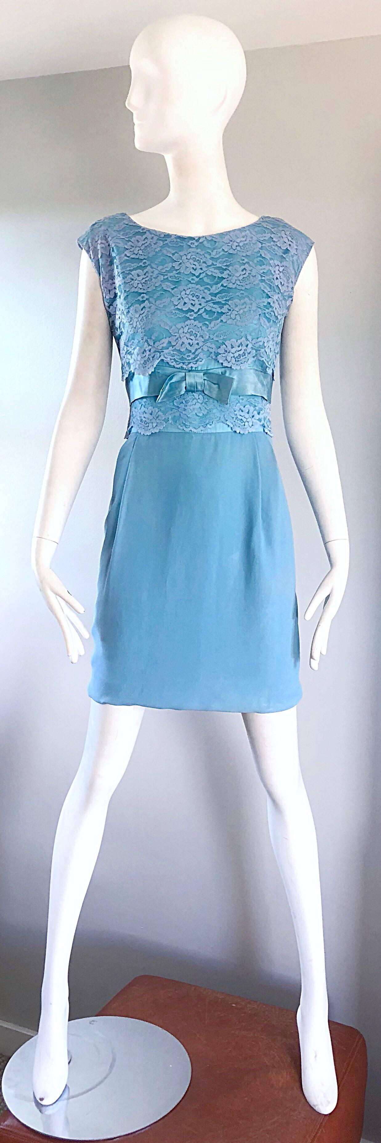 Chic beautiful 1960s pale blue lace + crepe + silk mini shift dress. Features a fitted bodice, with a lace overlay. Great fit, with an amazing amount of attention to detail! Full metal zipper up th eback with hook-and-eye closure. Great for any day