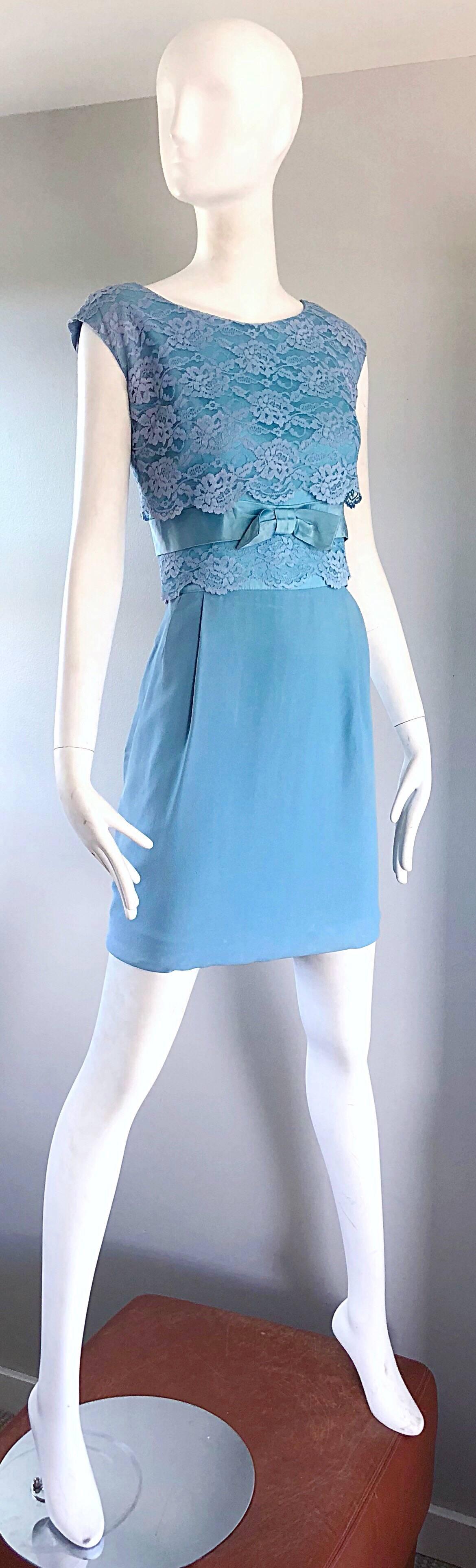 Beautiful 1960s Light Blue Silk Crepe Lace Bow Vintage 60s Shift Mini Dress For Sale 1