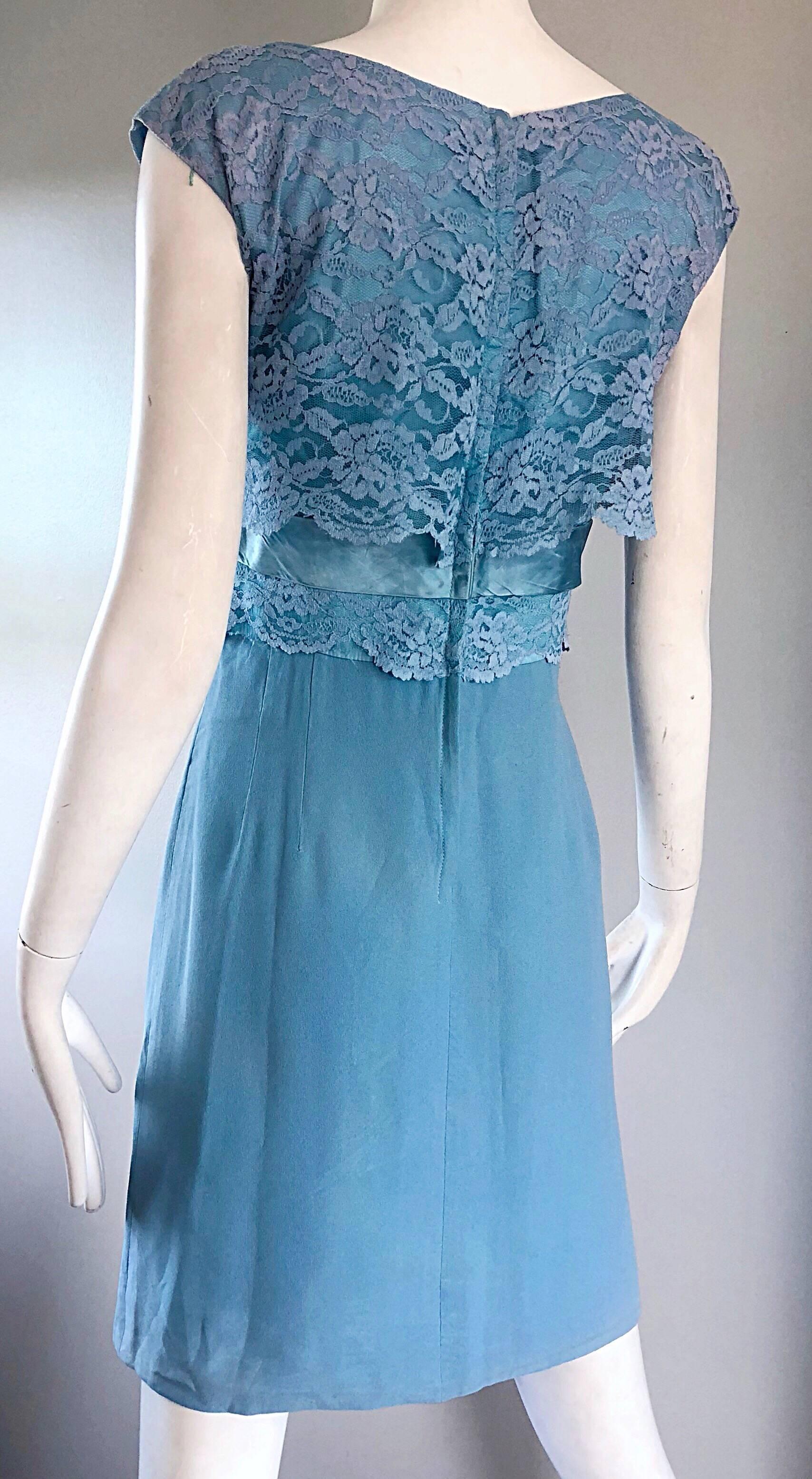 Beautiful 1960s Light Blue Silk Crepe Lace Bow Vintage 60s Shift Mini Dress For Sale 2