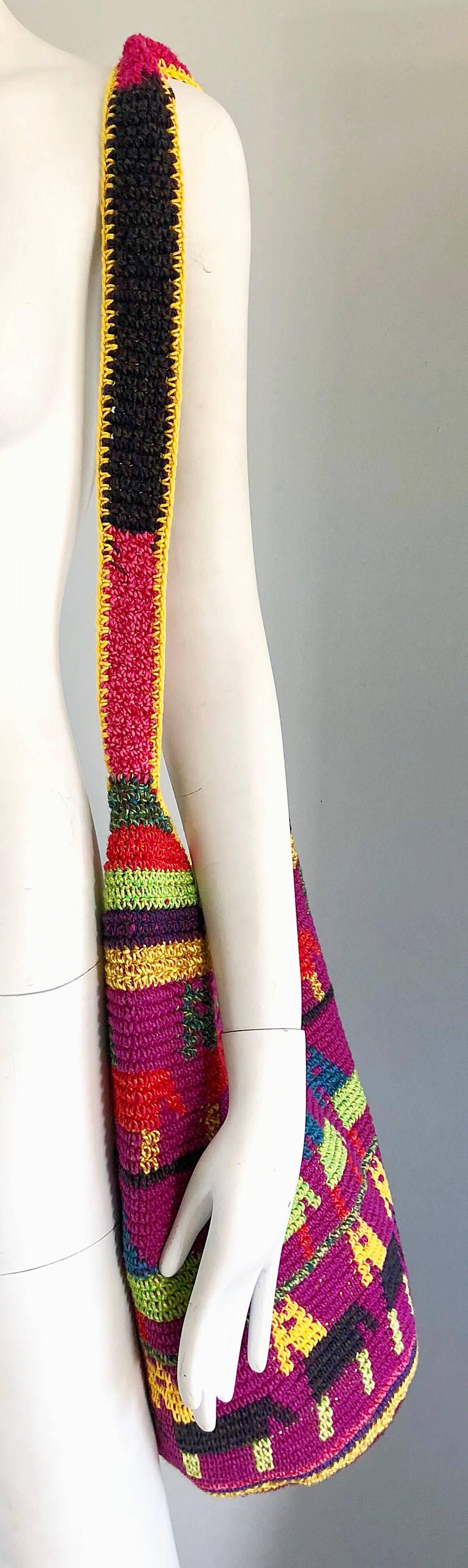 Women's or Men's Amazing 1970s XL Hand Crochet Southwestern Colorful Boho Shoulder Crossbody Bag