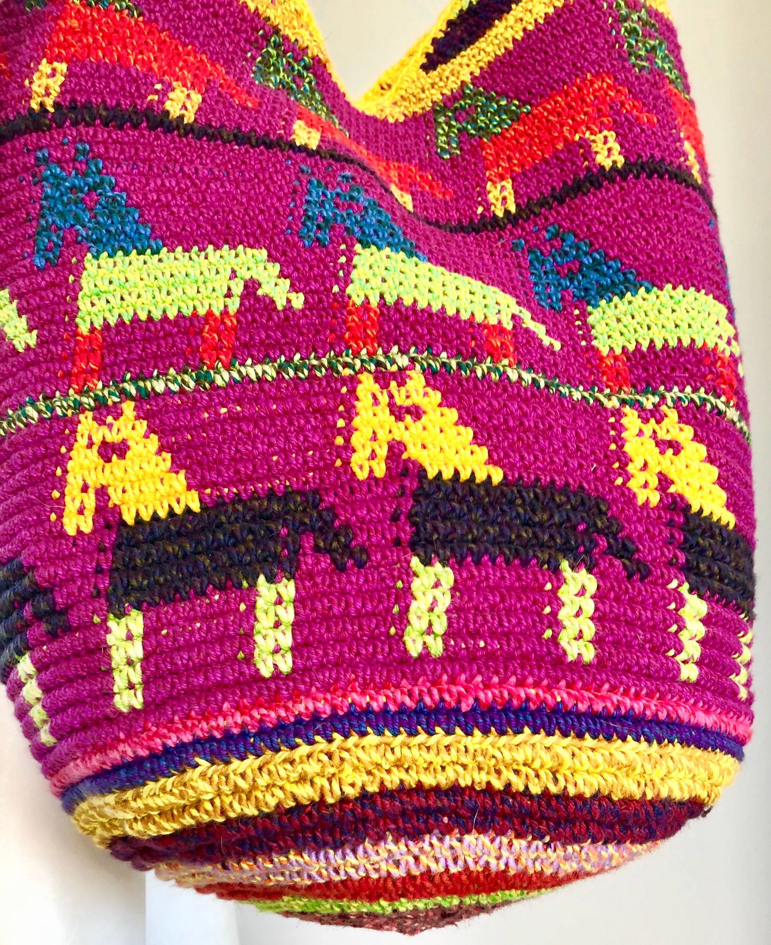 Amazing 1970s XL Hand Crochet Southwestern Colorful Boho Shoulder Crossbody Bag 1