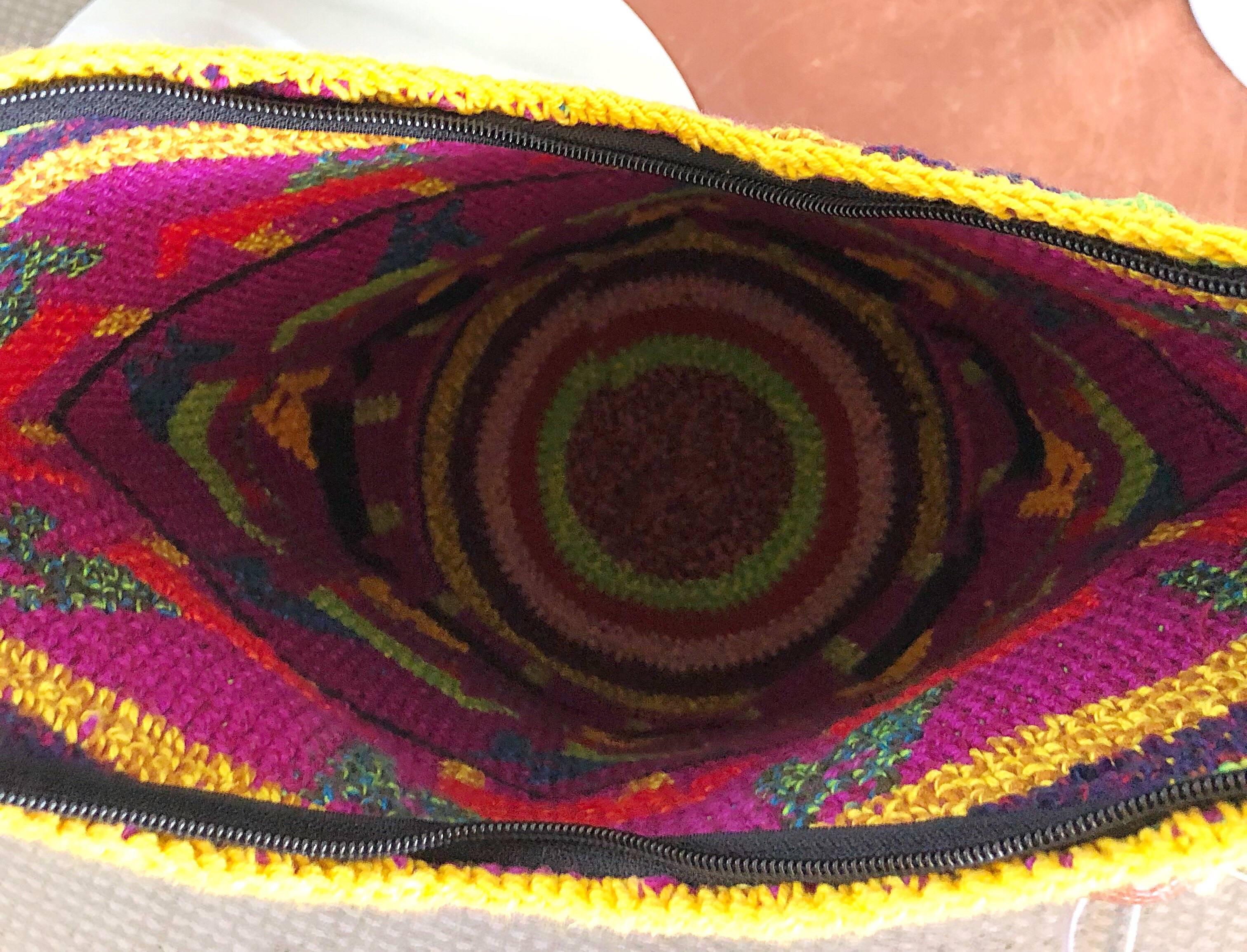 Amazing 1970s XL Hand Crochet Southwestern Colorful Boho Shoulder Crossbody Bag 3