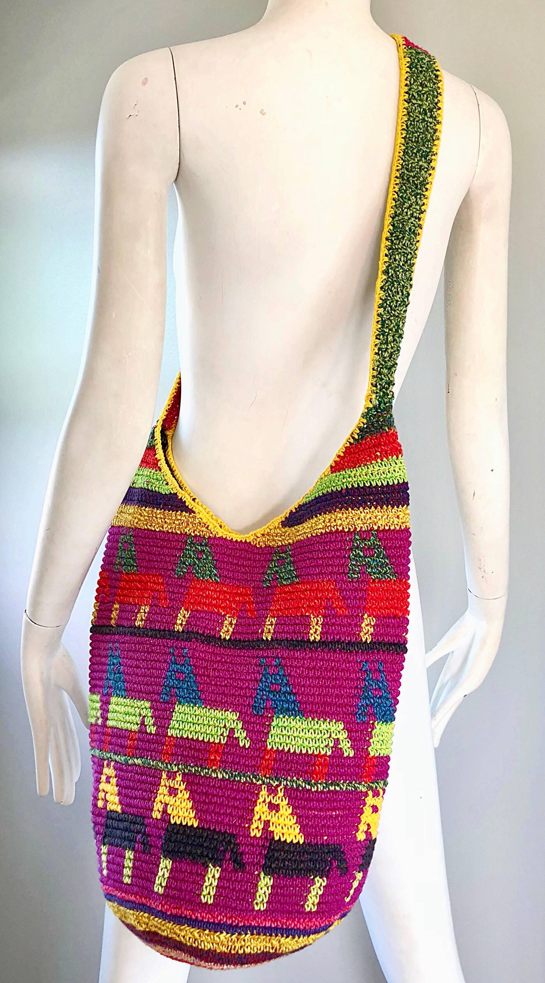 Amazing 1970s XL Hand Crochet Southwestern Colorful Boho Shoulder Crossbody Bag 4