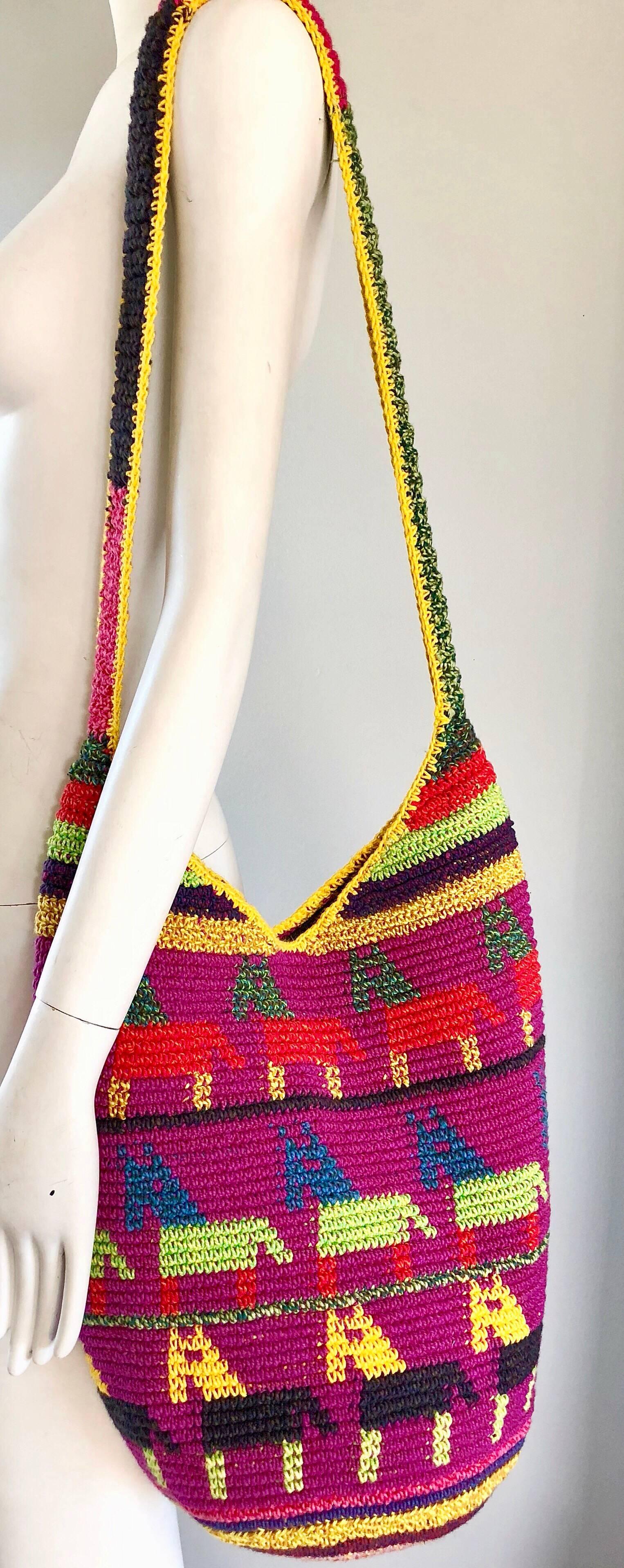 Amazing 1970s XL Hand Crochet Southwestern Colorful Boho Shoulder Crossbody Bag 5