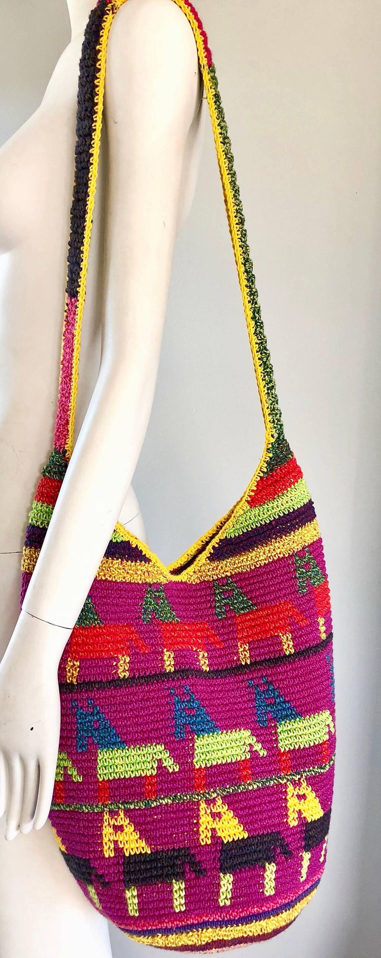 Amazing 1970s XL Hand Crochet Southwestern Colorful Boho Shoulder Crossbody Bag at 1stDibs