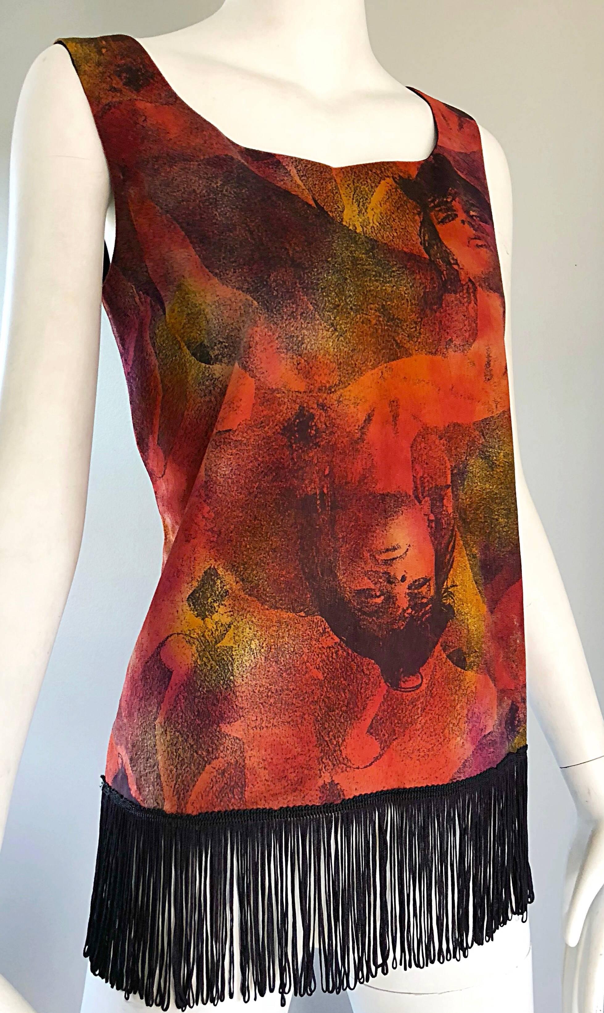 Donna Raro top anni '90 Ordinary or Death Ultra Suede Avant Garde Face Print Fringe 90s in vendita