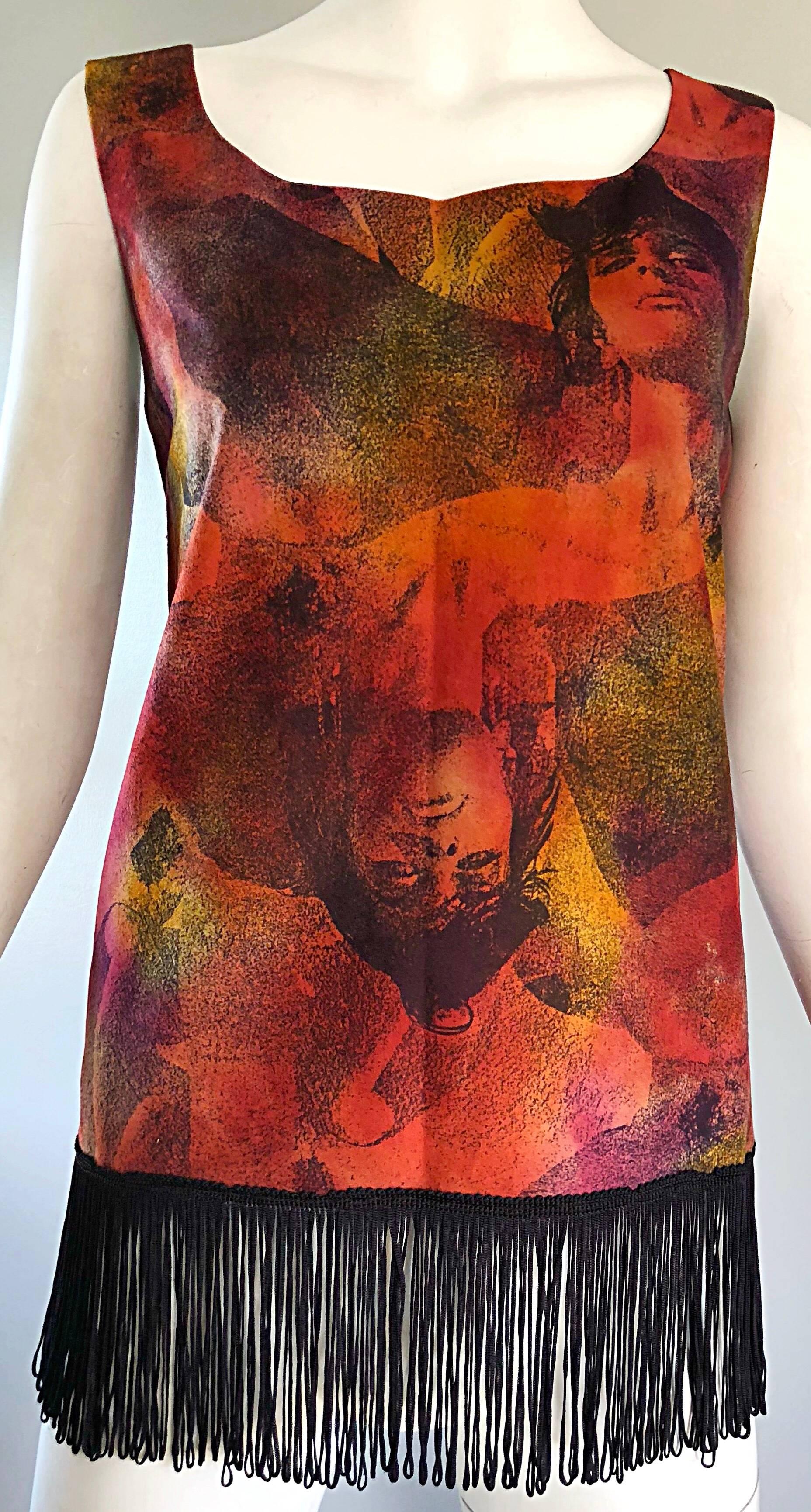 Marrone Raro top anni '90 Ordinary or Death Ultra Suede Avant Garde Face Print Fringe 90s in vendita