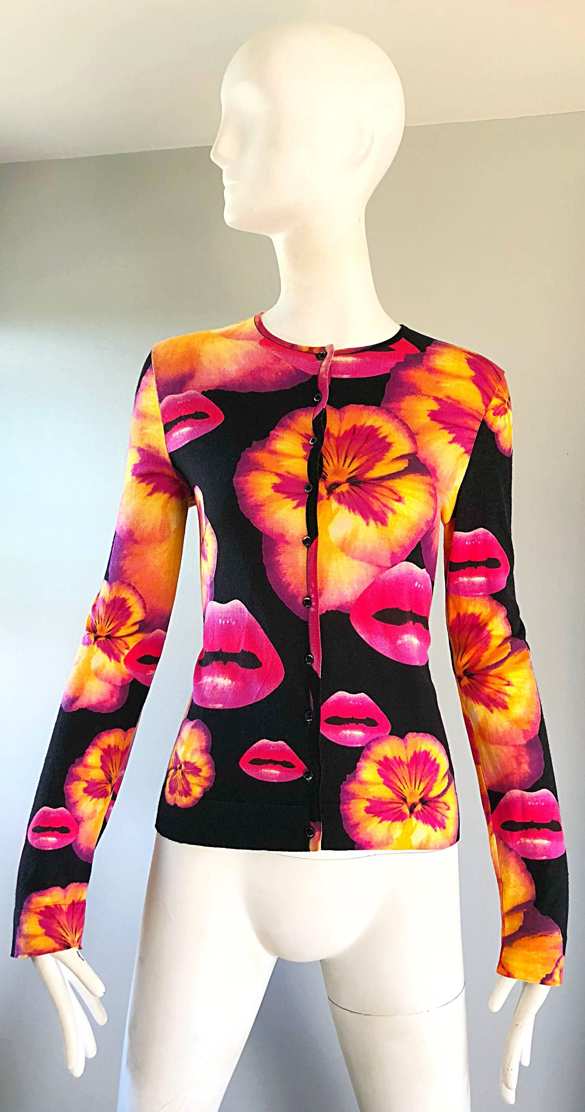 Rare, and absolutely amazing CHRISTIAN DIOR by JOHN GALLIANO lip and pansy flower print super soft cotton blend cardigan sweater! Features fantastic opulent graphics throughout. The perfect alternative to a basic clack cardigan. Luxurious