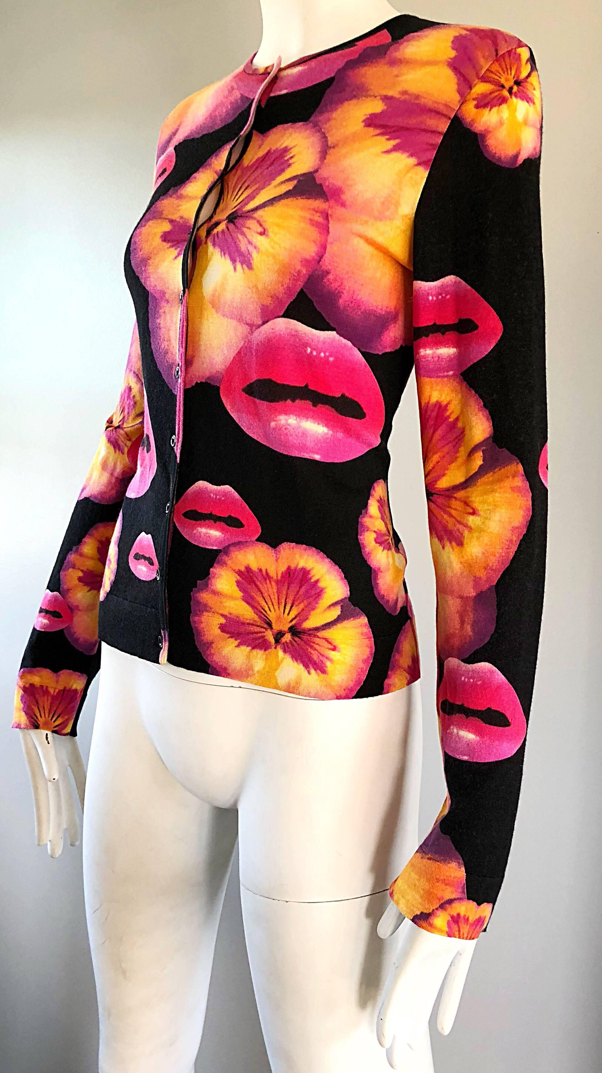 Rare Christian Dior by John Galliano Lips and Pansy Print Cotton Cardigan Top In Excellent Condition In San Diego, CA