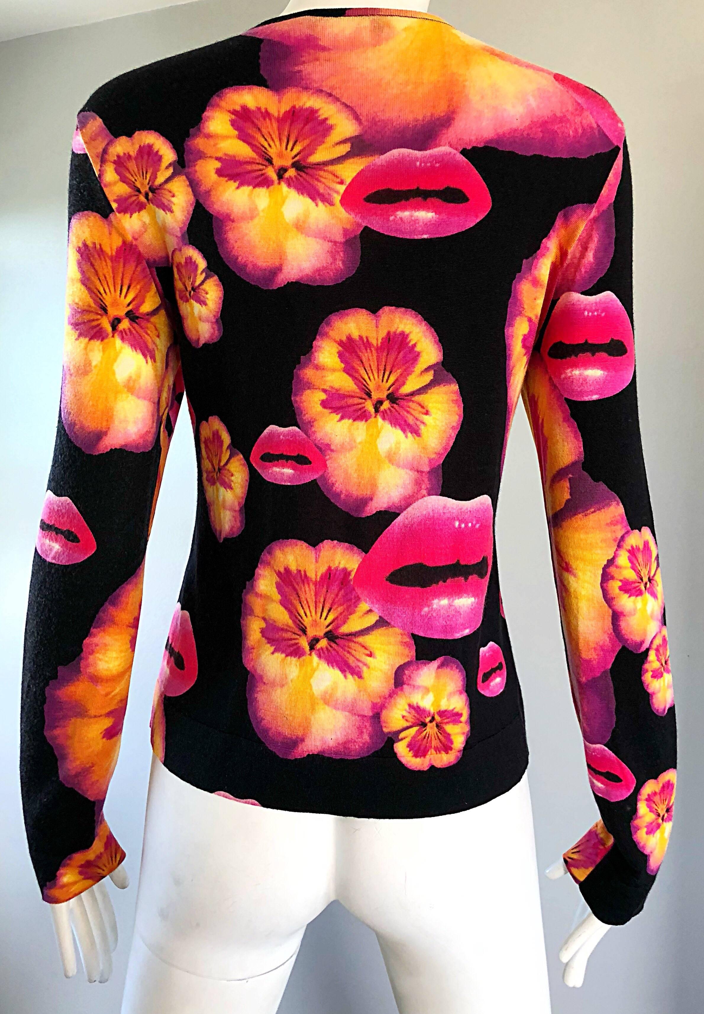 Women's Rare Christian Dior by John Galliano Lips and Pansy Print Cotton Cardigan Top
