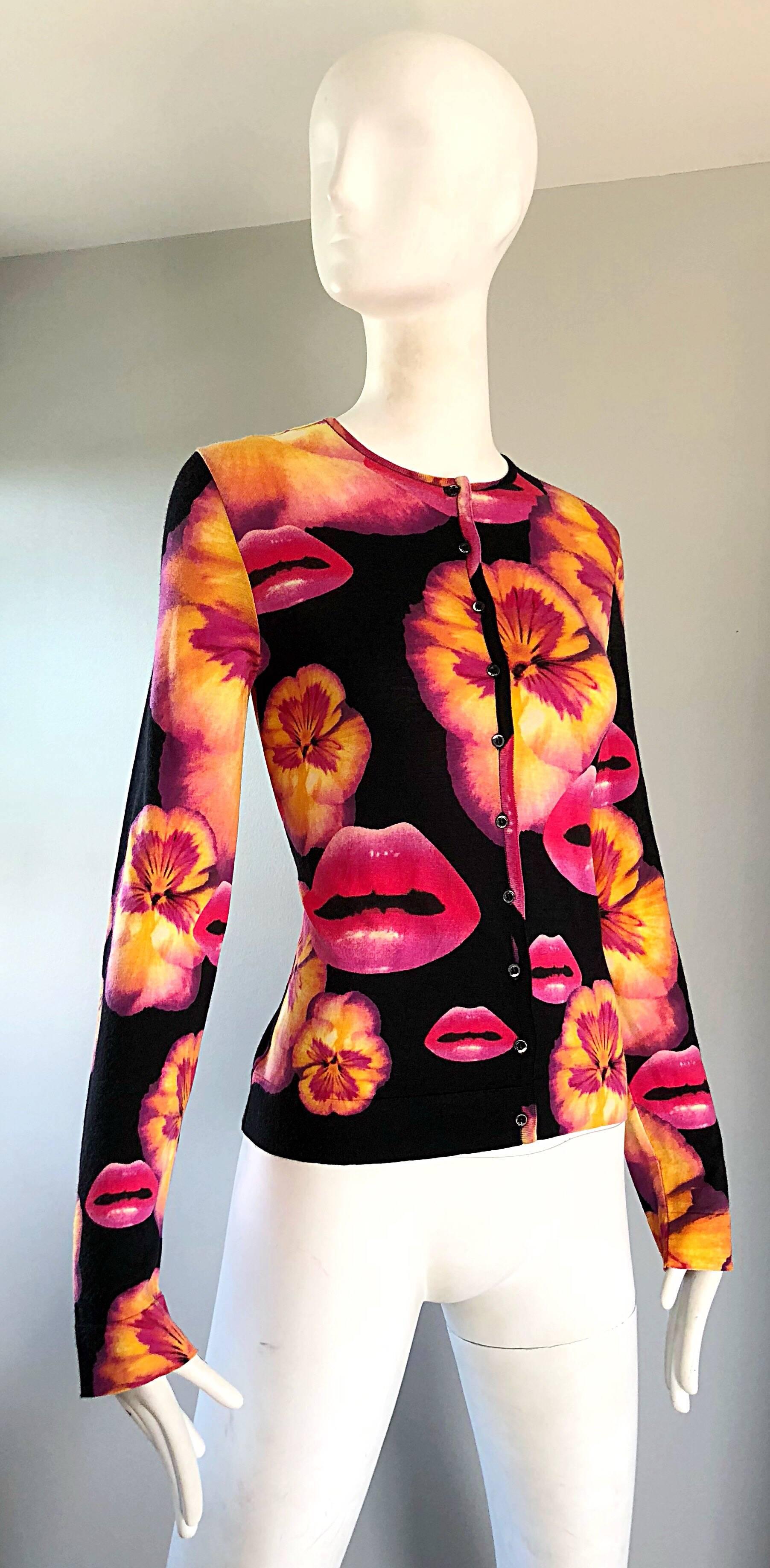 Rare Christian Dior by John Galliano Lips and Pansy Print Cotton Cardigan Top 2