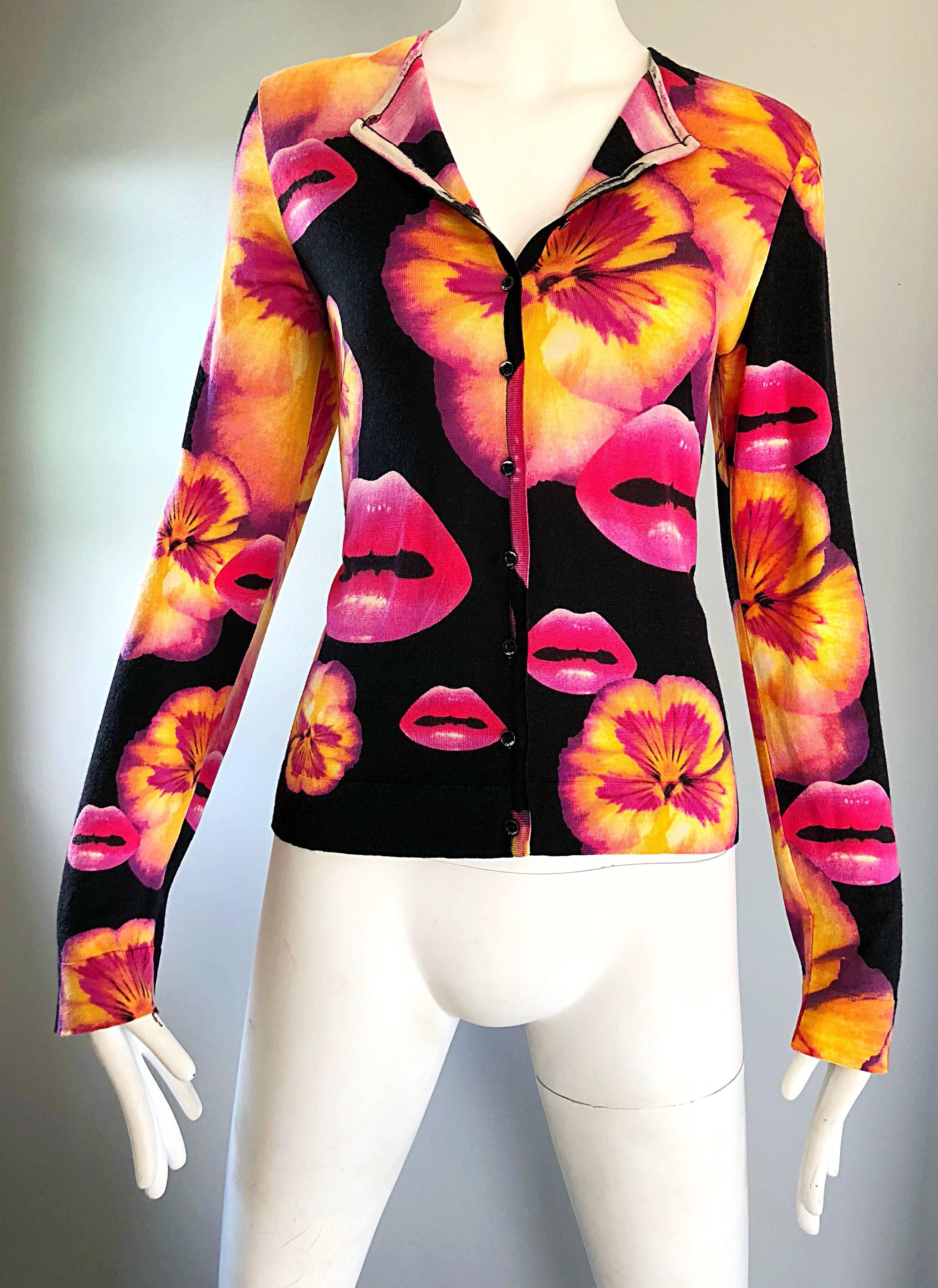 Rare Christian Dior by John Galliano Lips and Pansy Print Cotton Cardigan Top 3