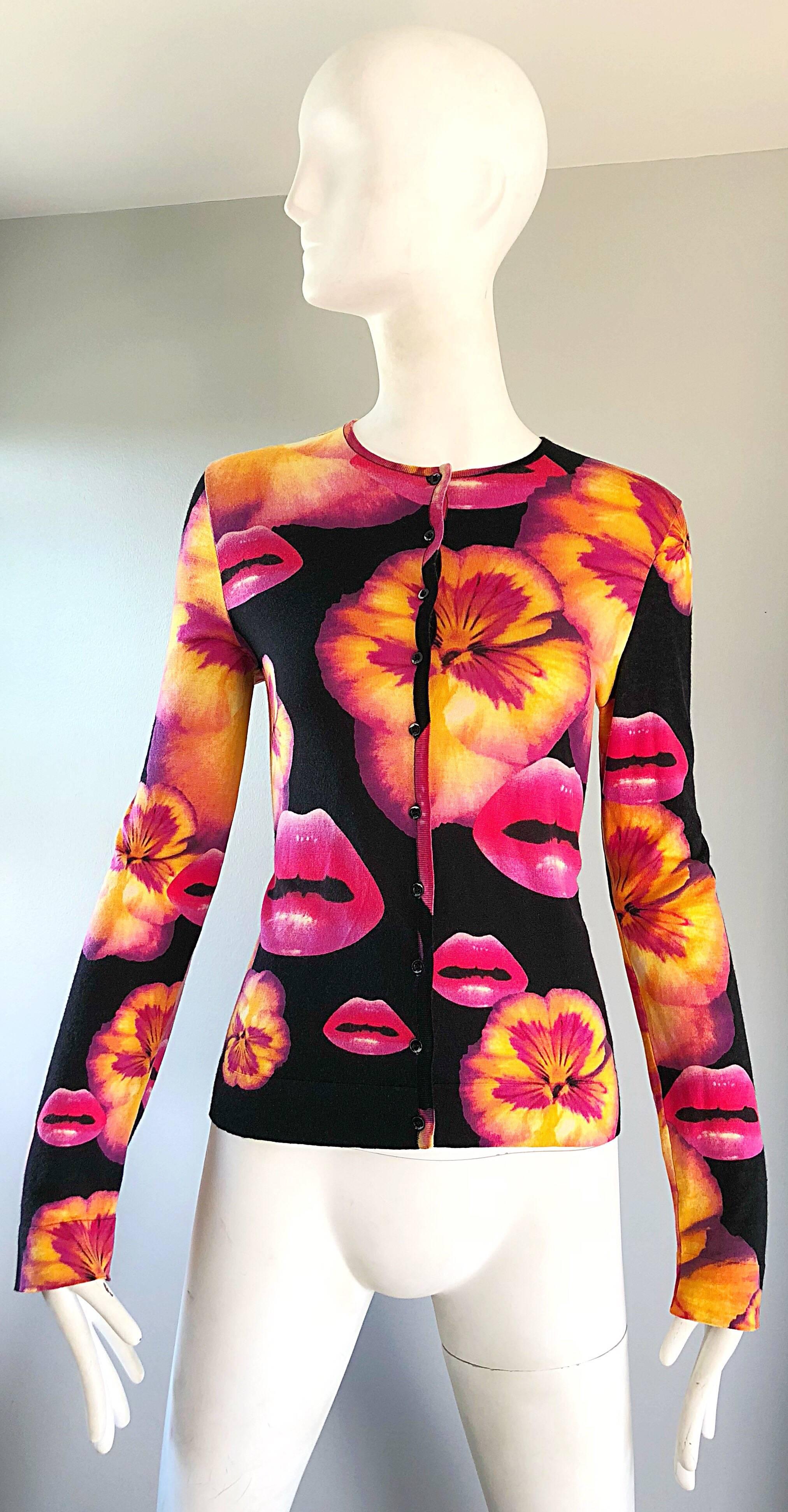 Rare Christian Dior by John Galliano Lips and Pansy Print Cotton Cardigan Top 4