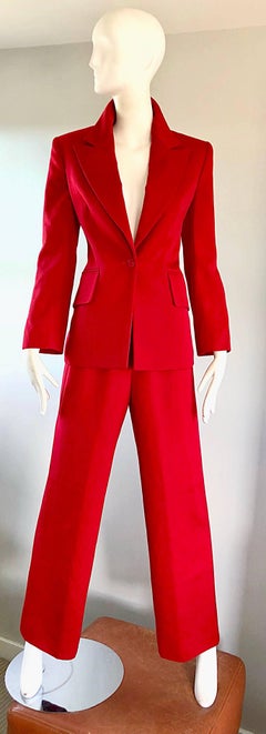 Isaac Mizrahi Vintage 1990s Lipstick Red Wide Leg Wool Le Smoking 90s Pants Suit