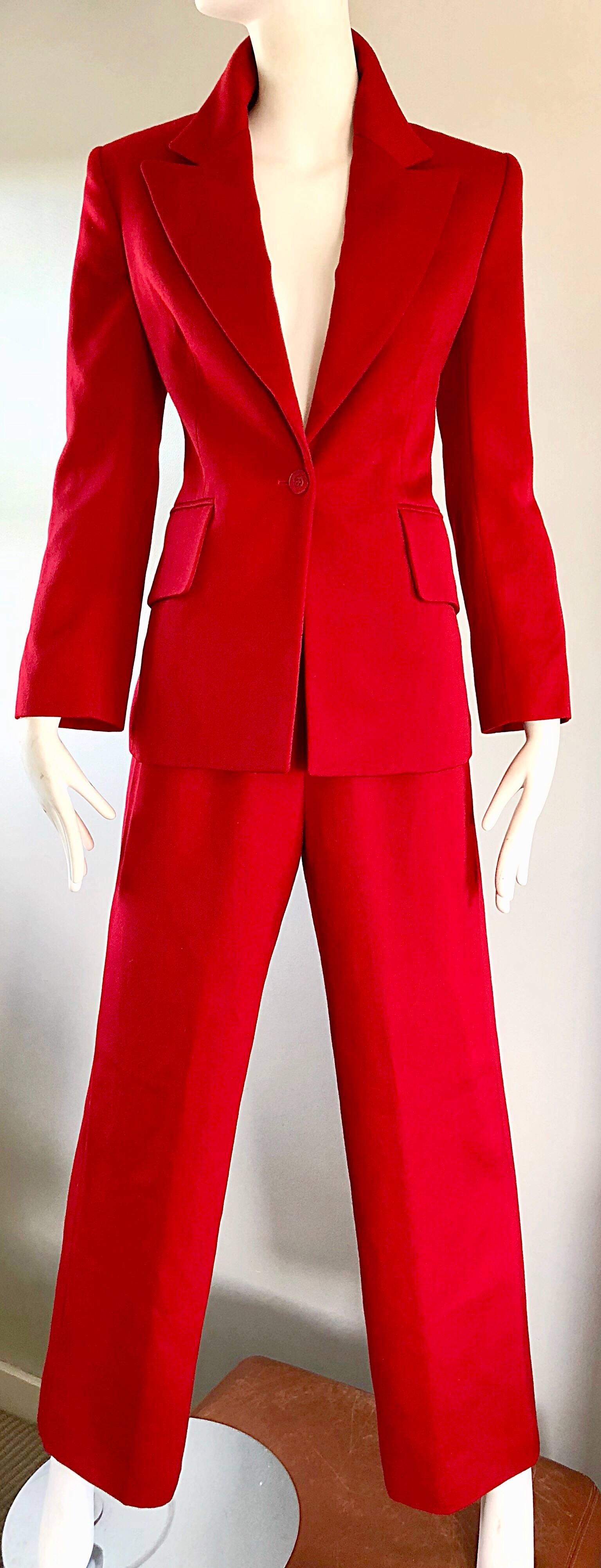 Women's Isaac Mizrahi Vintage 1990s Lipstick Red Wide Leg Wool Le Smoking 90s Pants Suit